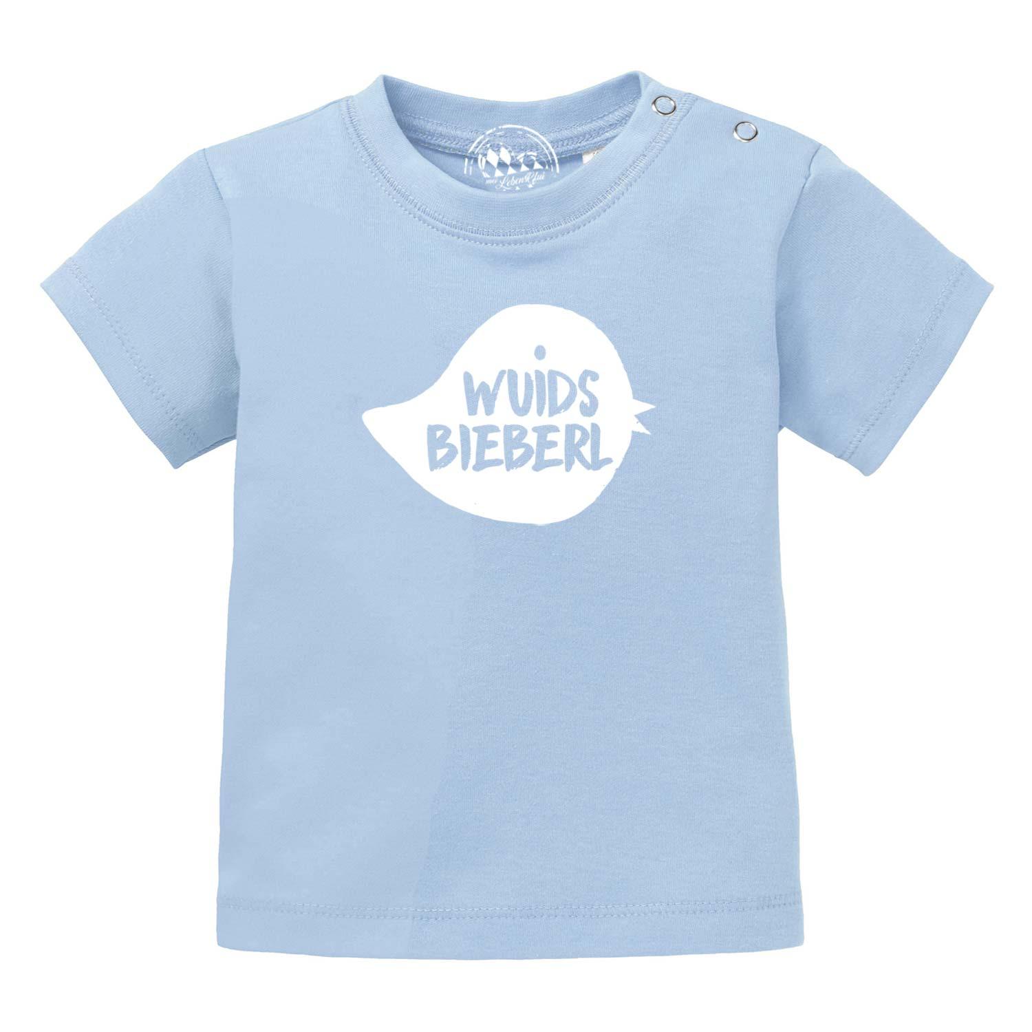 Weißes Baby-T-Shirt mit brauner Schrift „Wuids Bieberl“, Rundhals, kurzer Arm, 100 % Bio-Baumwolle, Siebdruck.