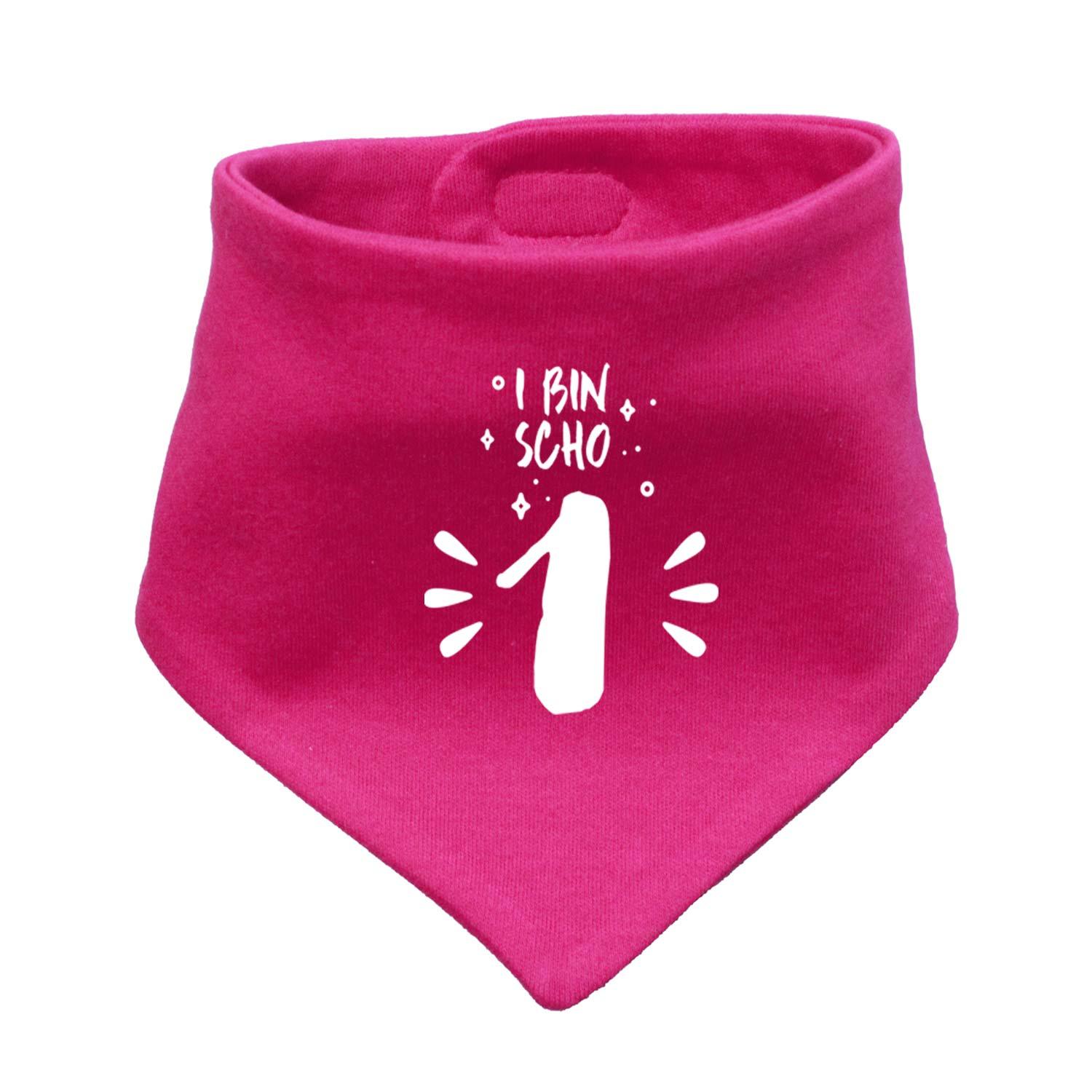 Fuchsia Babyhalstuch I bin scho 1 mit weißem Zahlen- und Textdruck, ein süßes 1. Geburtstag Accessoire.
