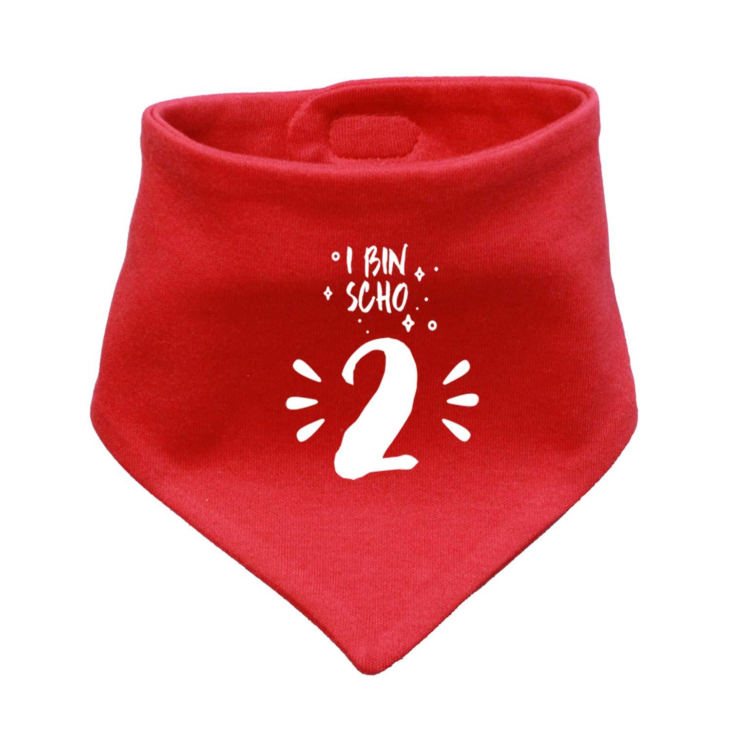 Rotes Babyhalstuch "I bin scho 2!" mit weißem Print für Zweijährige, ideal als Geburtstagsgeschenk.
