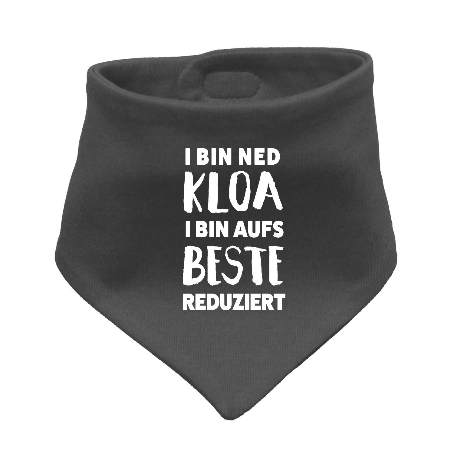 Dreieckiges Babyhalstuch in Beige mit grauem Herz-Muster und Schriftzug „aufs Beste reduziert“, aus Baumwolle.
