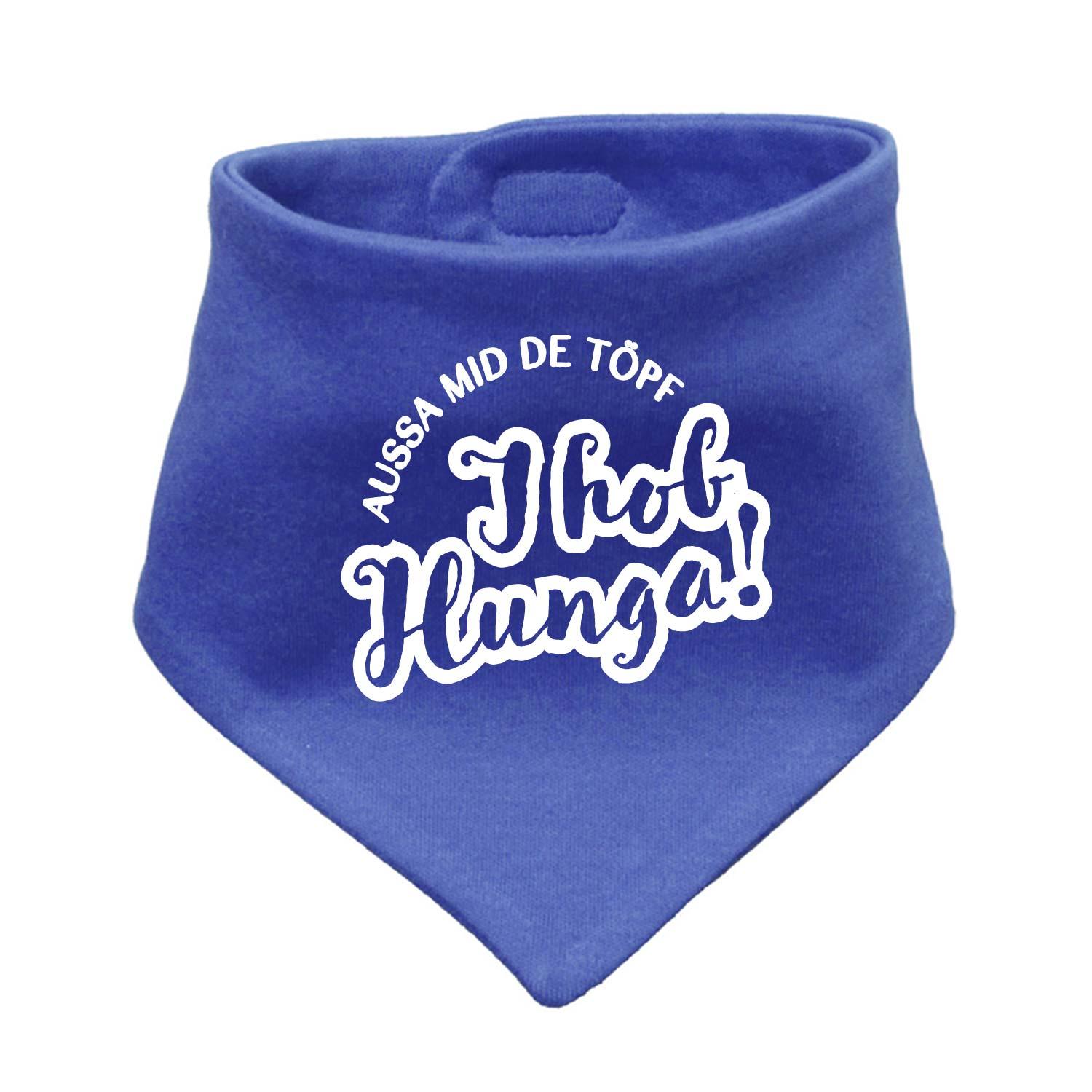 Dreieckiges Babyhalstuch in Rosa mit weißem Herzchenmuster und bayerischem Schriftzug „Aussa mid de Töpf…“, Baumwolle.