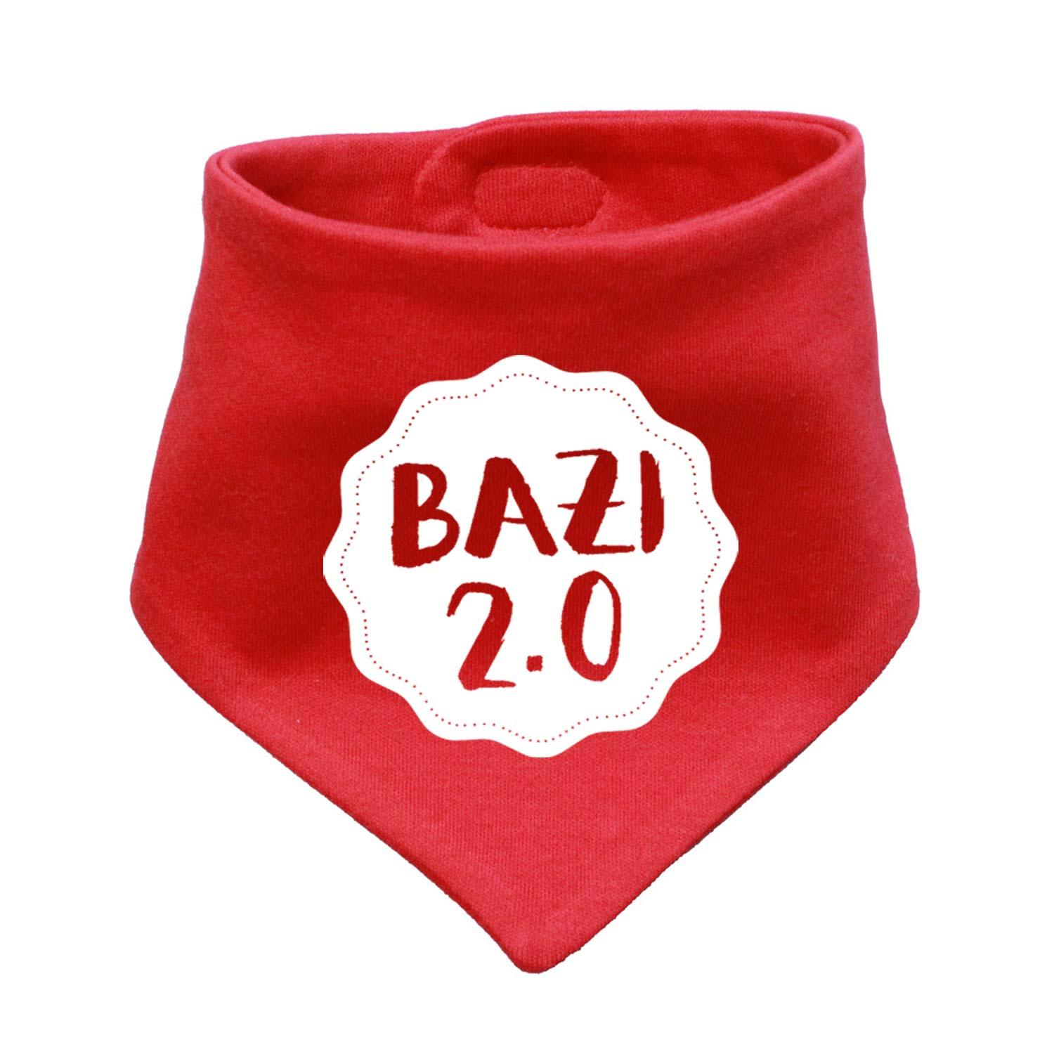 Rotes Babyhalstuch Bazi 2.0 mit weißem Schriftzug Bazi 2.0 in geschwungener Form, weiche Baumwolle.