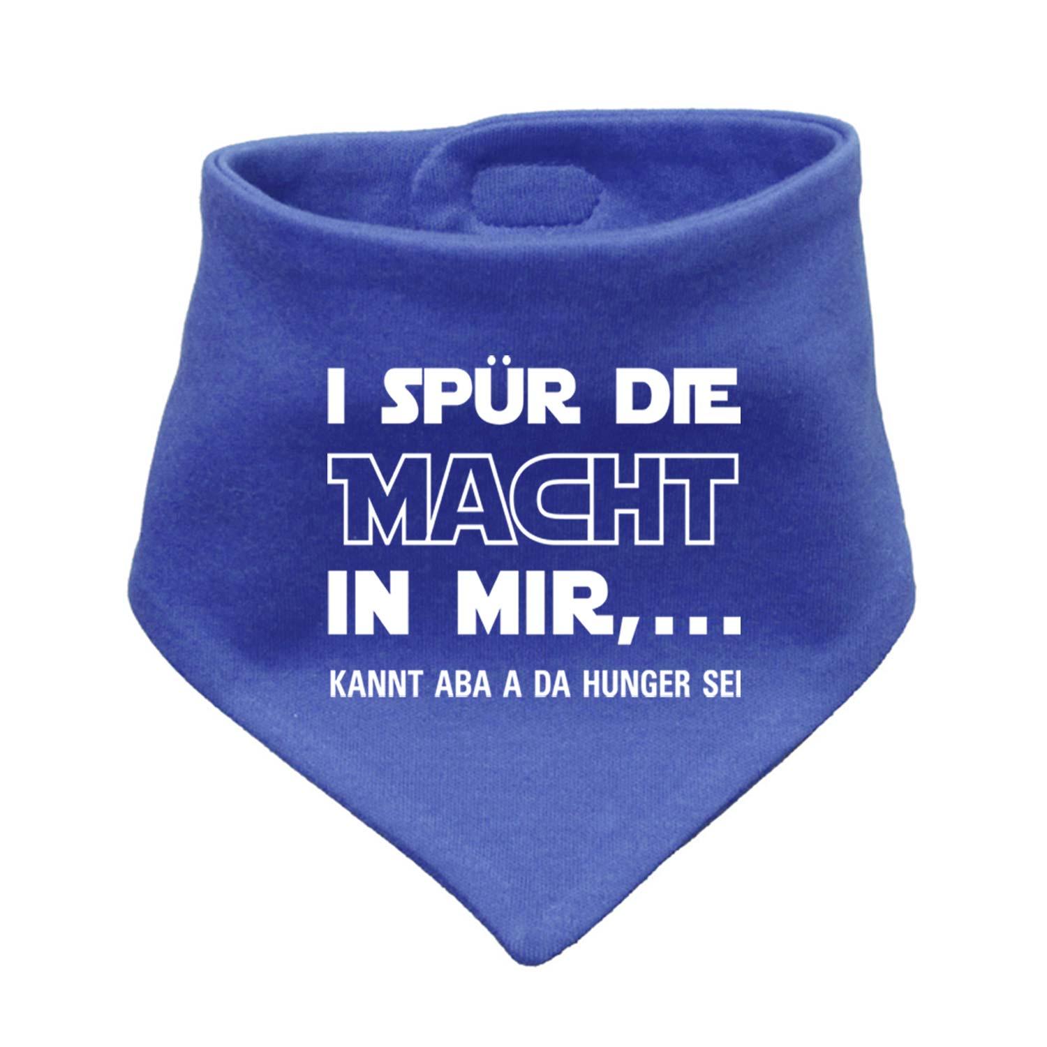 Blaues Babyhalstuch "I spür die Macht…" mit weißem Text und Mundart-Spruch für Babys