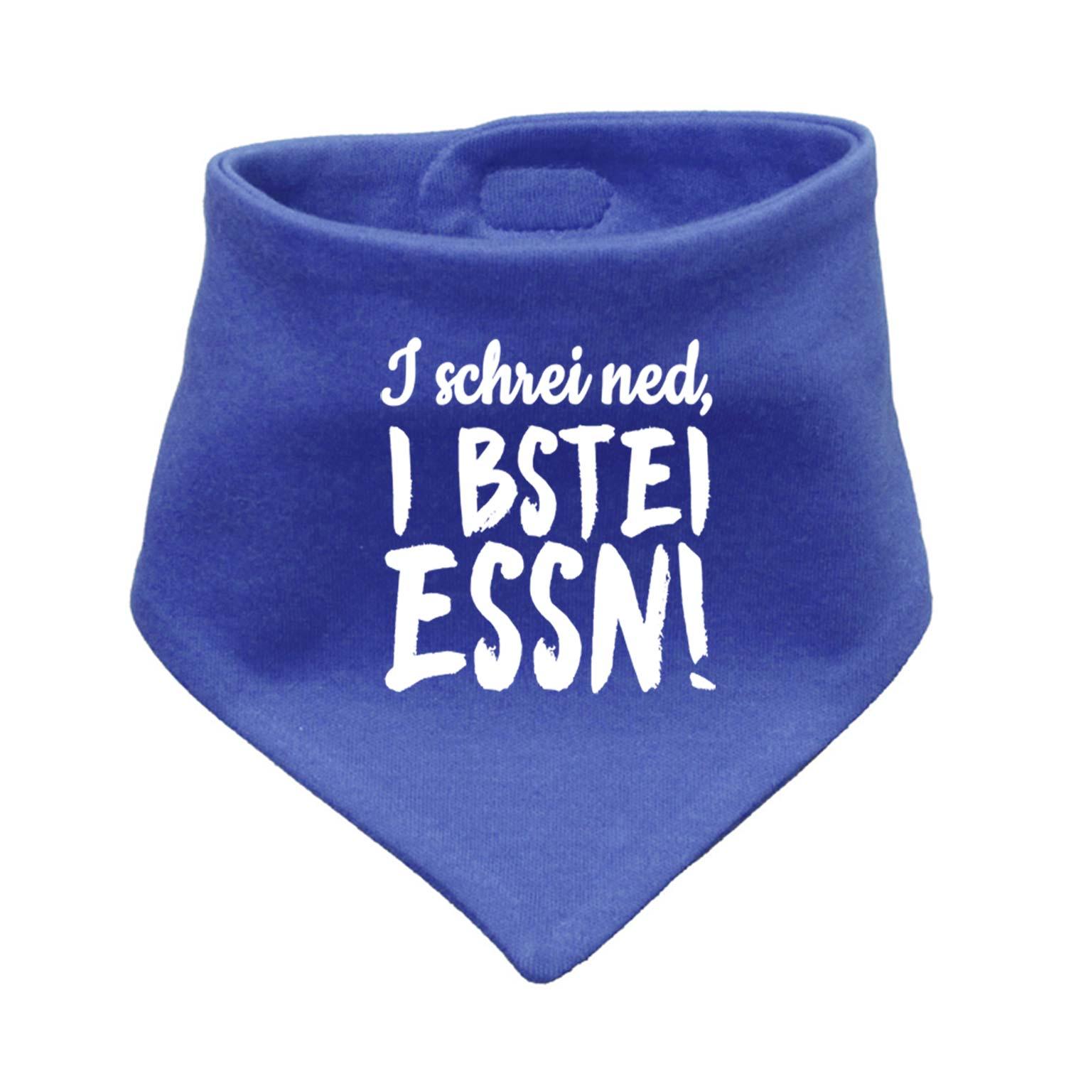 Blaues Baumwoll-Babyhalstuch "I bstei Essn…" mit weißem Schriftzug für Babys und Kleinkinder, isoliert.