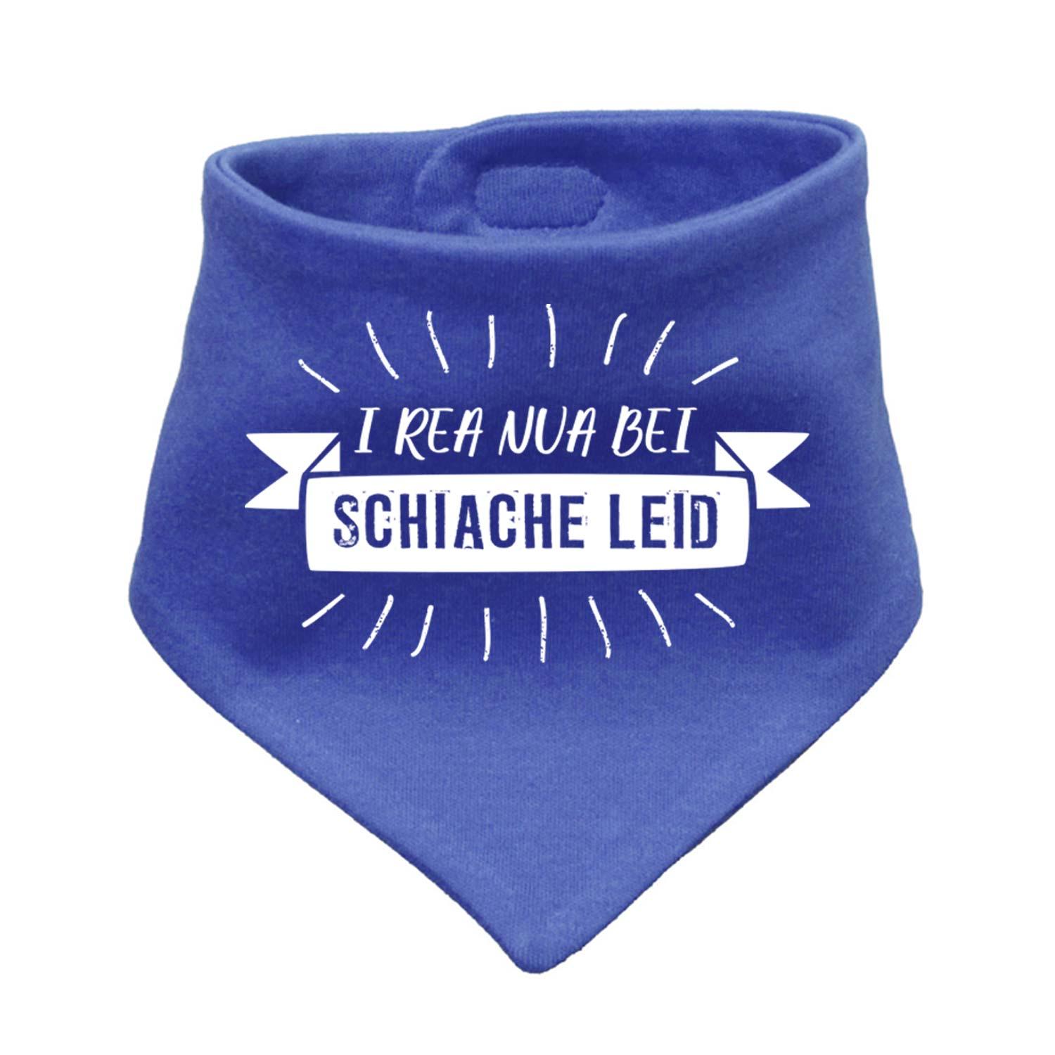 Blaues Babyhalstuch I rea nua... mit weißem Schriftzug und bayerischem Spruch, weich und saugfähig.