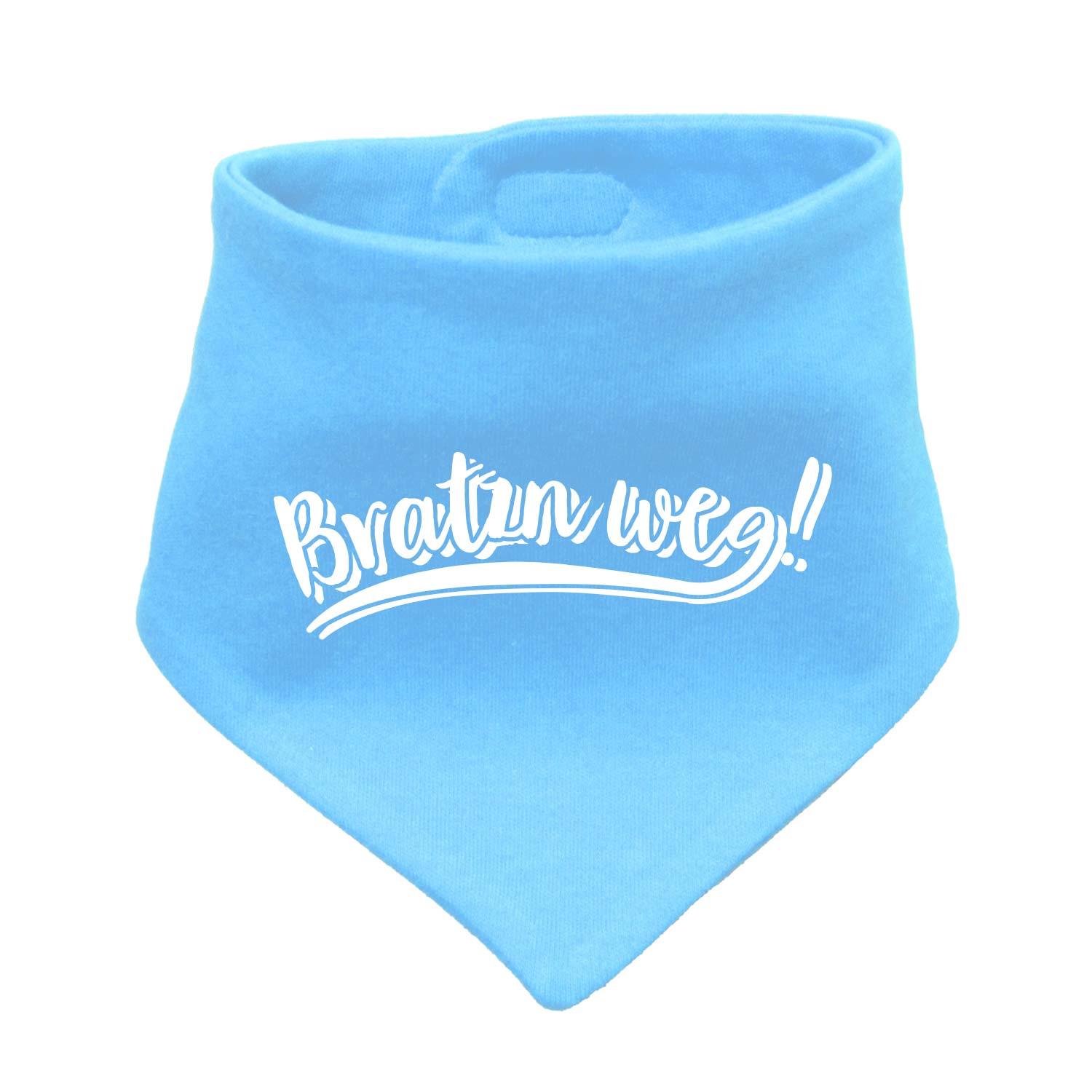 Babyhalstuch "Bratzn weg!" in Himmelblau mit witzigem weißen Schriftzug für Babys und Kleinkinder