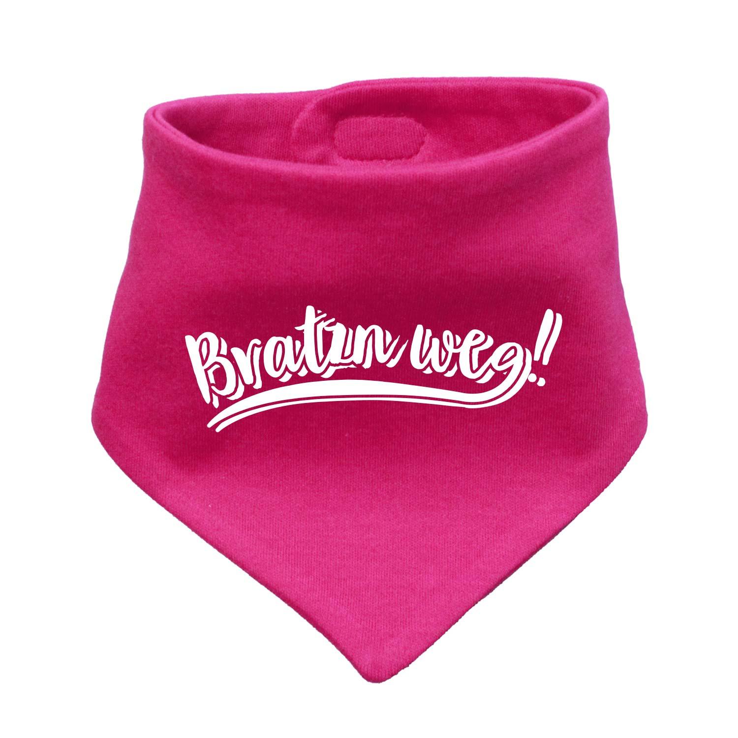 Rosa Babyhalstuch "Bratzn weg!" mit weißem Print und zwei Druckknöpfen im Dreiecksdesign.