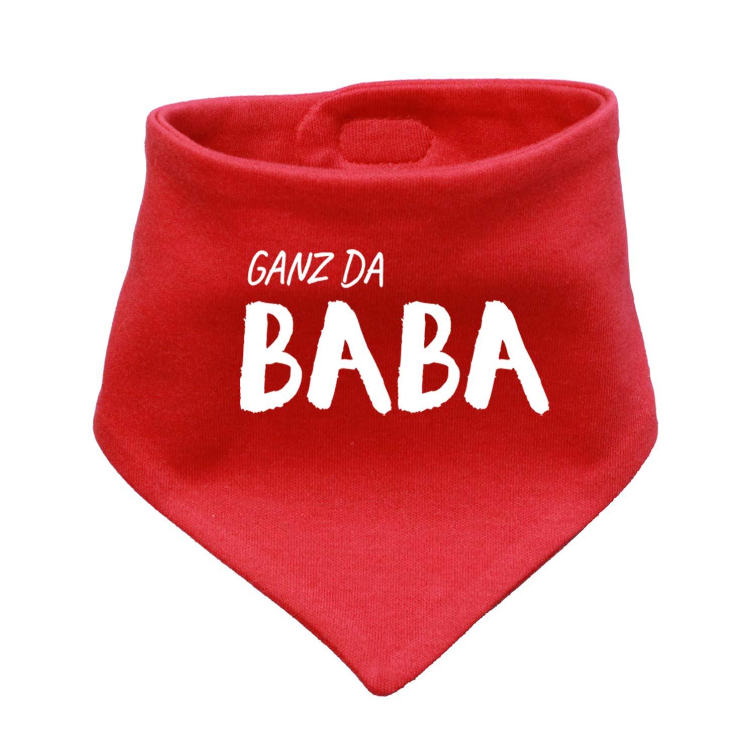 Rotes Babyhalstuch "Ganz da Baba!" aus Stoff mit weißem Schriftzug, detailreich und weich.