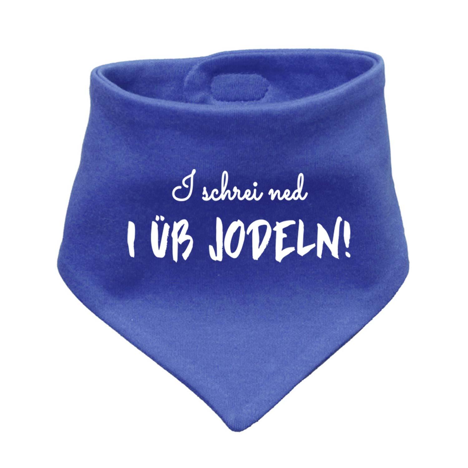 Blaues Babyhalstuch "I üb jodeln" mit weißem Spruch als witziges, modisches Accessoire für Babys.