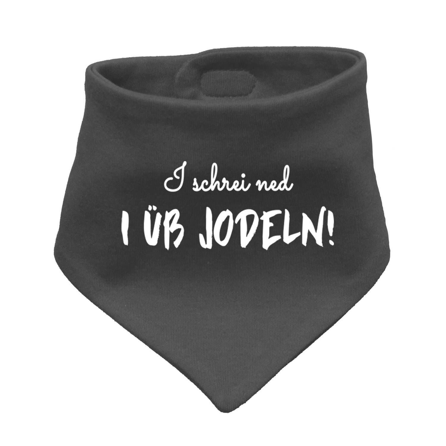 Babyhalstuch I üb jodeln in Dunkelgrau mit weißem Spruch für Jungen und Mädchen, weicher Stoff und Druckknöpfe.