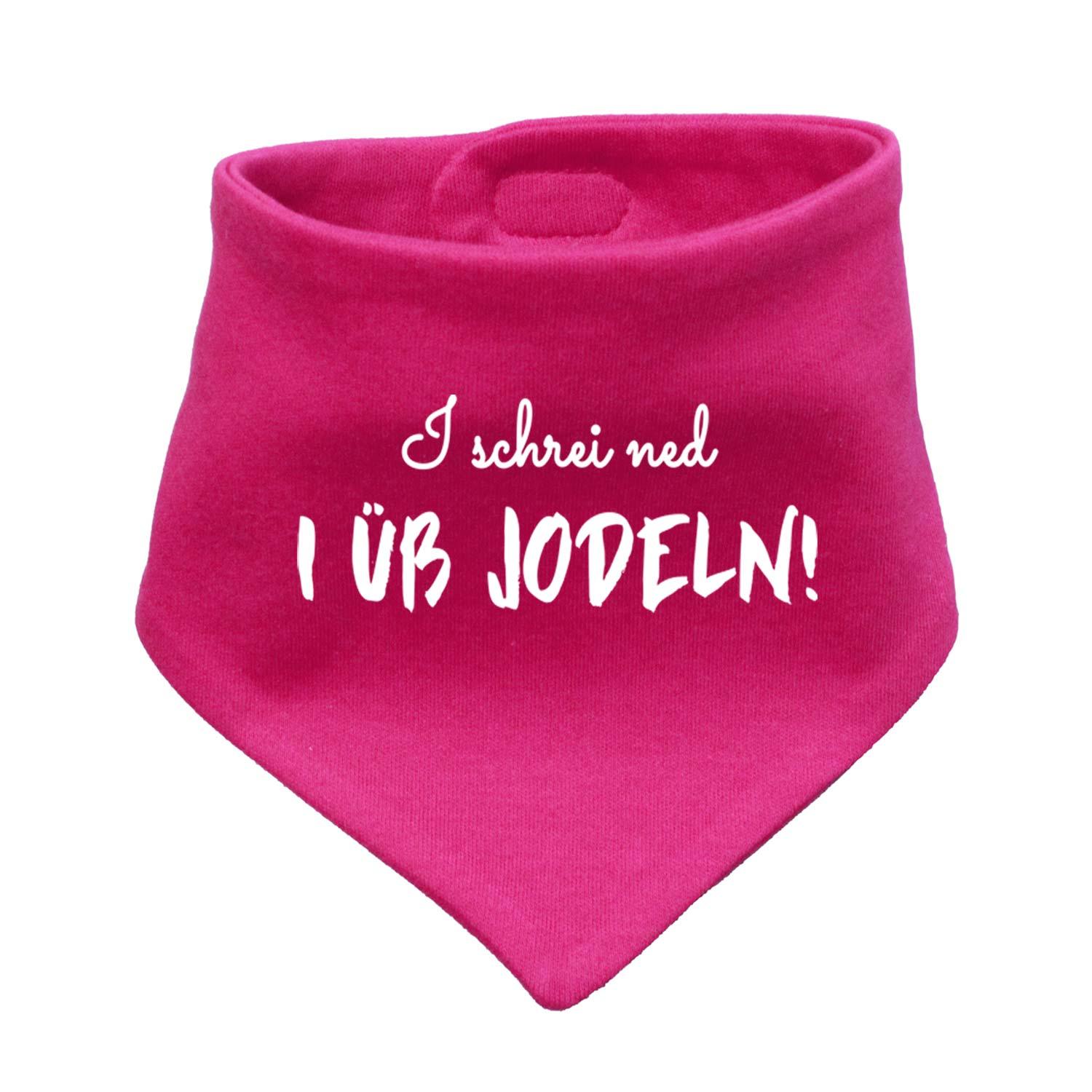 Pinkes Babyhalstuch "I üb jodeln" mit weißem Schriftzug, weichem Stoff und Druckknopfverschluss.