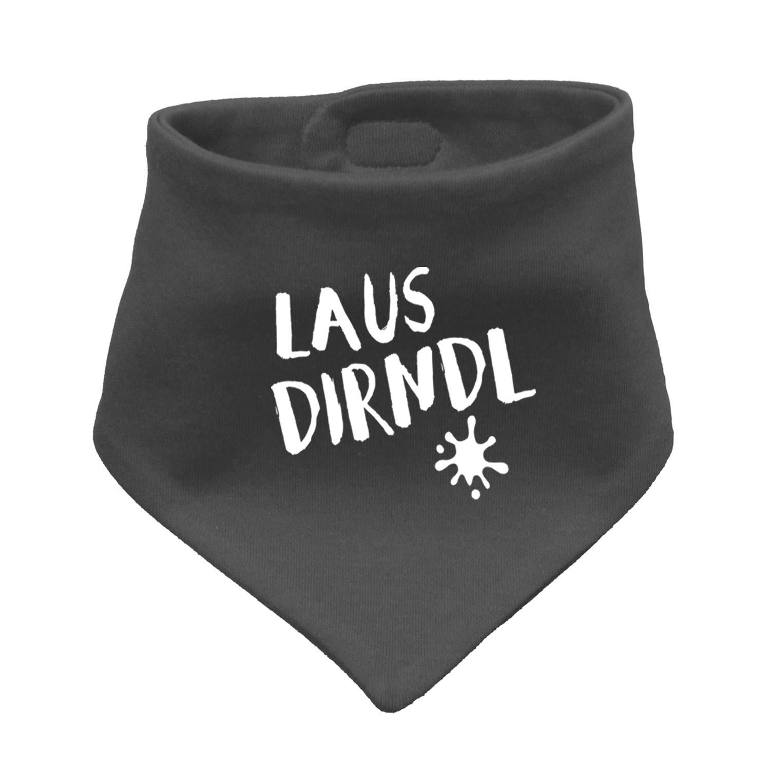 Dunkelgraues Baumwoll-Babyhalstuch Lausdirndl mit weißem Schriftzug und Muster, ideal für Mädchen.