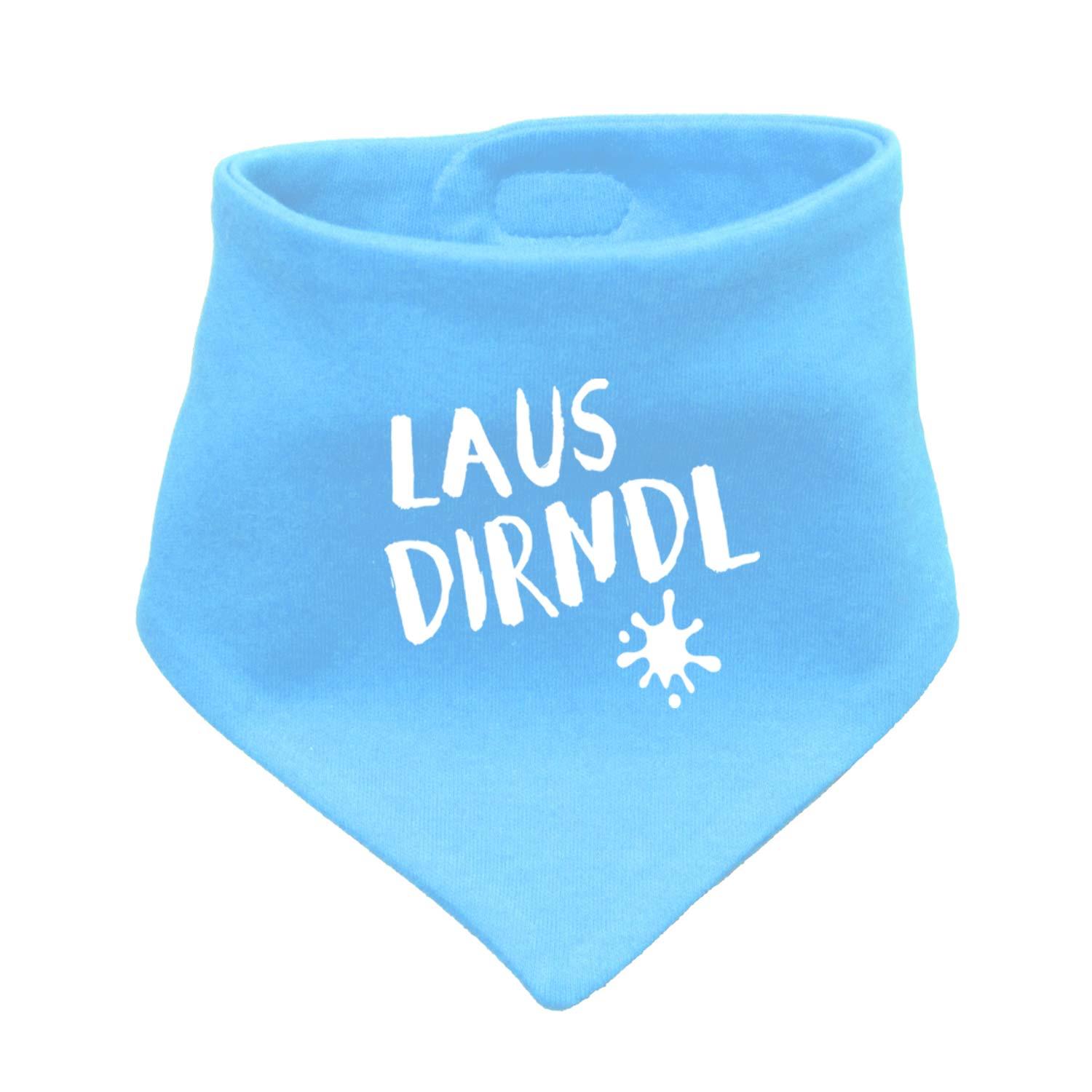Babyhalstuch Lausdirndl in Hellblau mit weißem Aufdruck und Klecks-Motiv, weiches Baumwollmaterial.