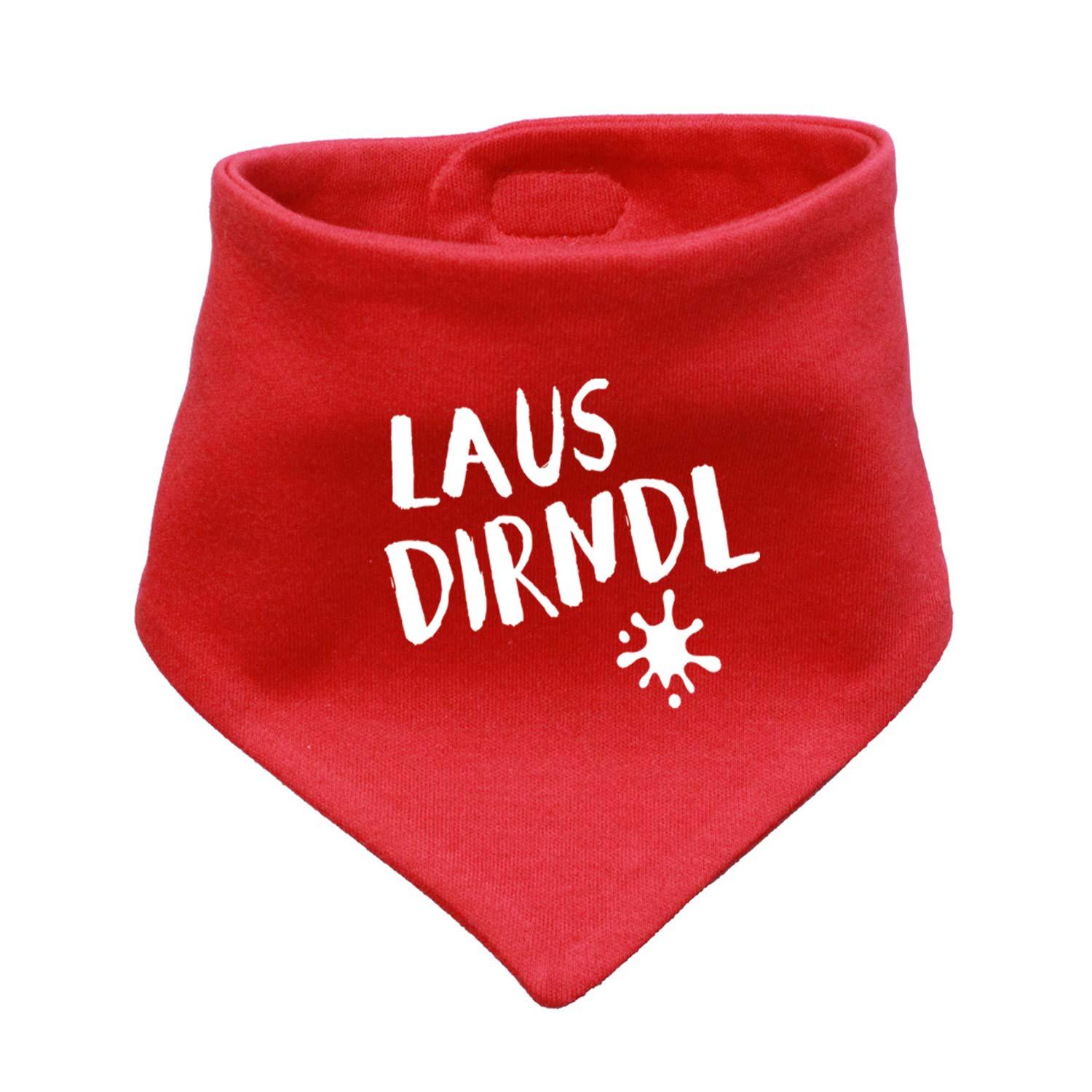 Rotes Babyhalstuch "Lausdirndl" aus weicher Baumwolle mit weißem, verspieltem Schriftzug und Klecksmotiv.