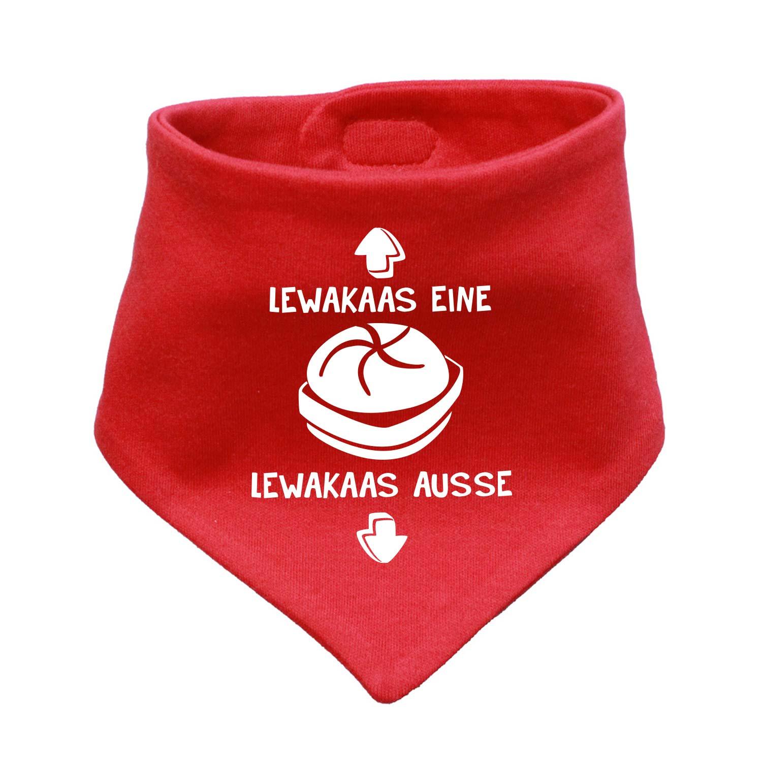 Rotes Babyhalstuch Lewakaas mit weißem Druck Brezn-Semmel und humorvollem Spruch