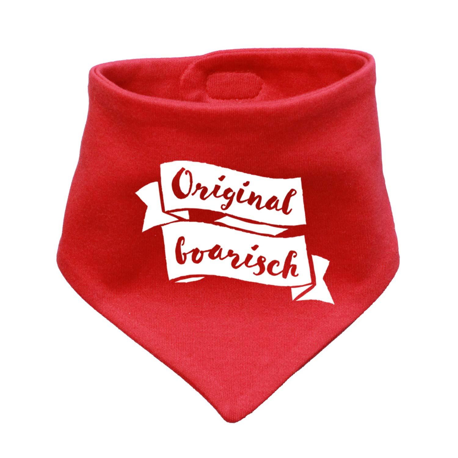 Rotes Babyhalstuch "Original boarisch" mit weißem Schriftzug, weichem Stoff und praktischem Druckknopfverschluss.