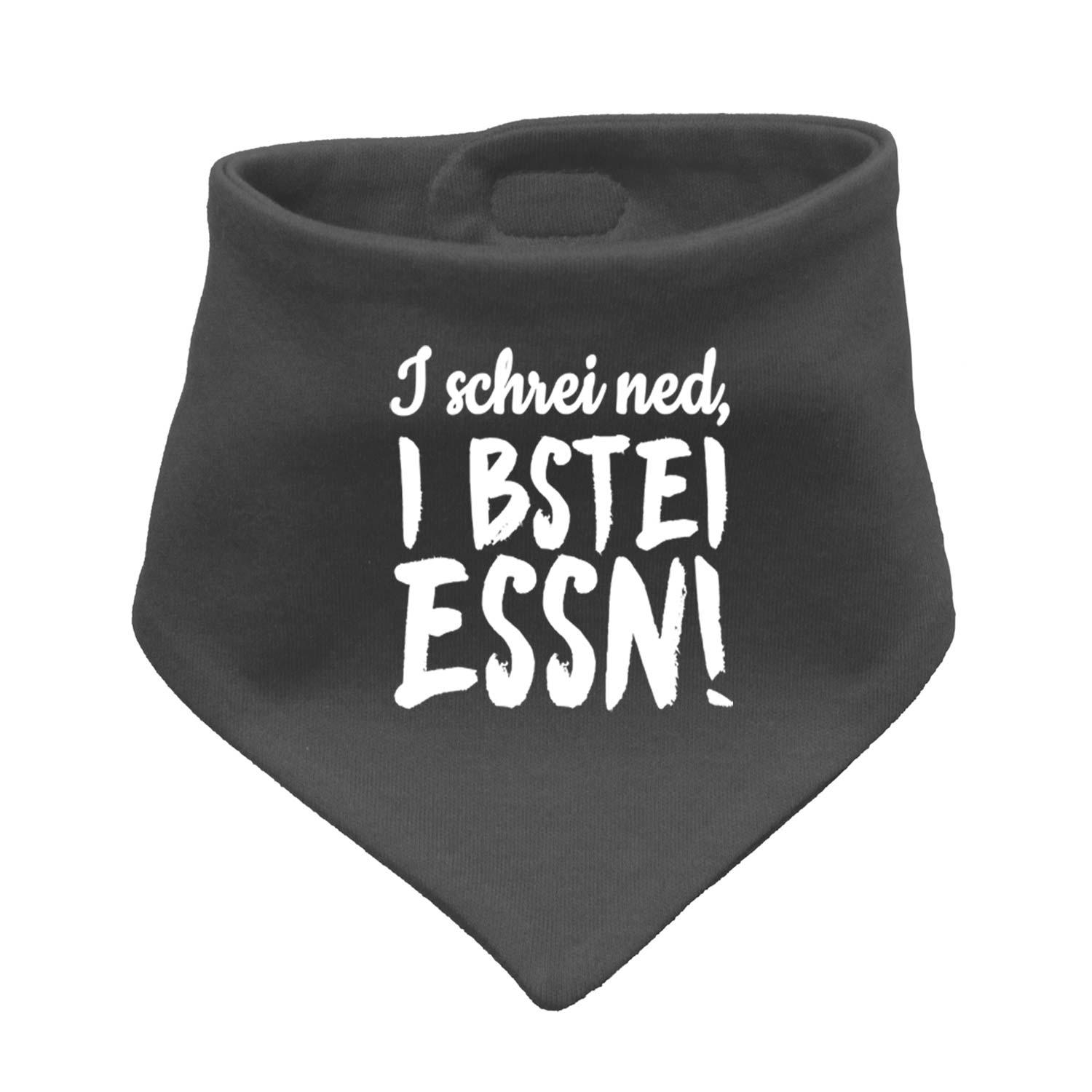 Schwarzes Babyhalstuch "I bstei Essn…" mit weißem Schriftzug, kuschelig und praktisch für Babys.