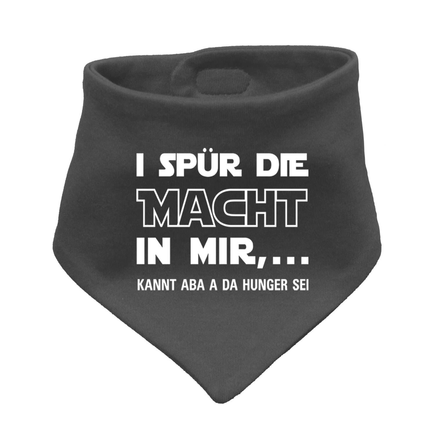 Schwarzes Babyhalstuch "I spür die Macht…" mit weißem Schriftzug und lustigem Spruch in bayerischem Dialekt.