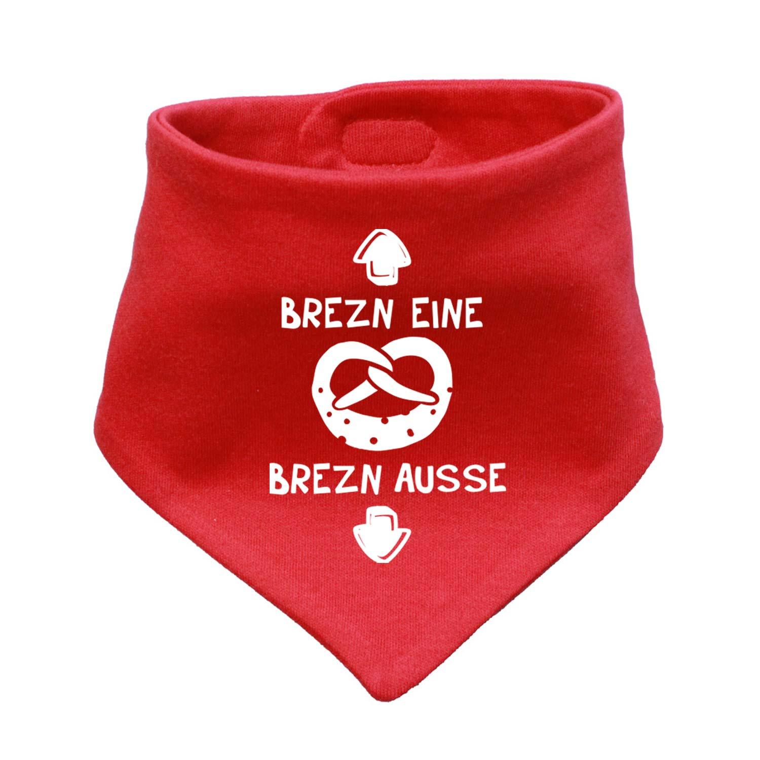 Dreieckiges Babyhalstuch mit Brezn-Motiv und aufgedrucktem Schriftzug „®mei LebensGfui“, aus Stoff gefertigt.