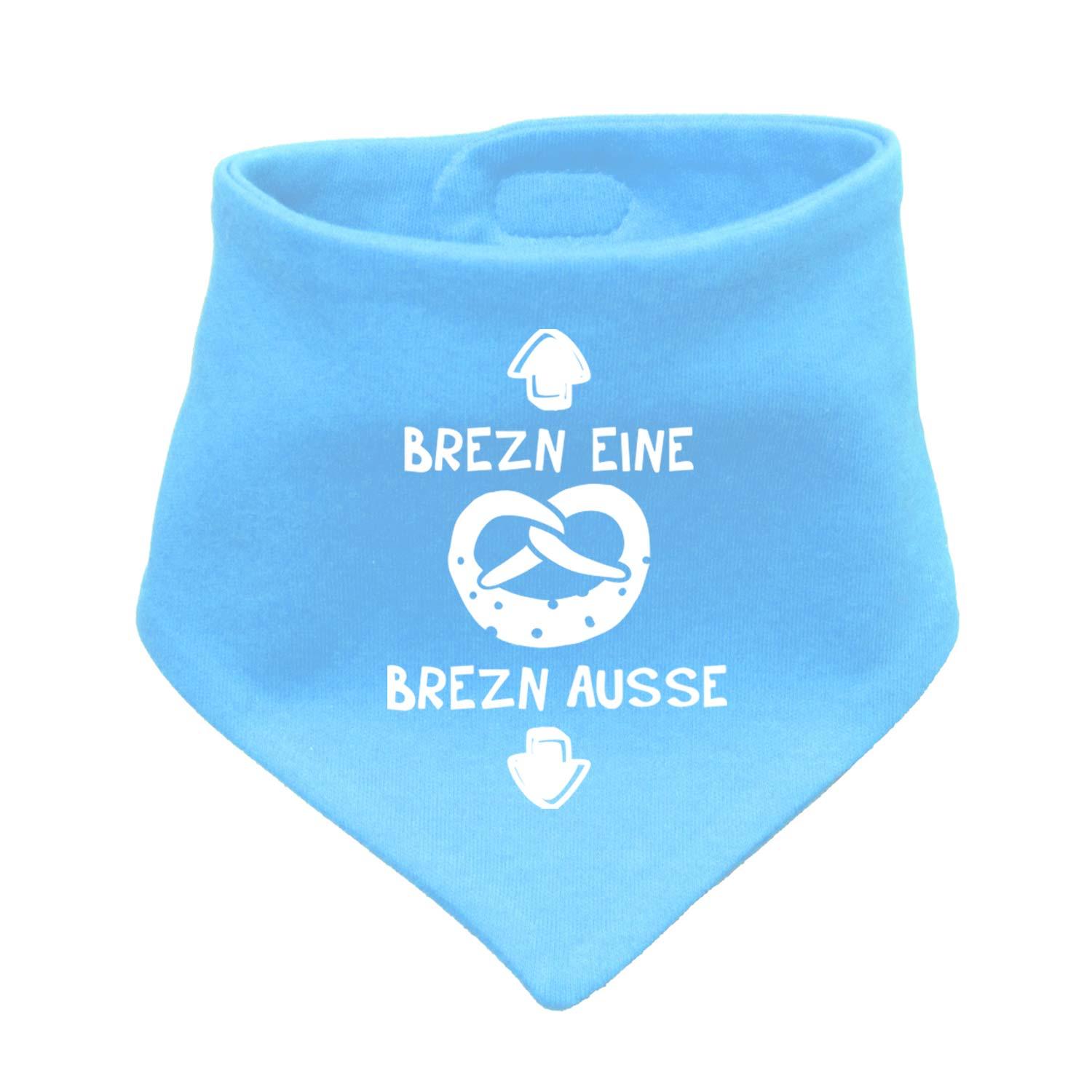 Babyhalstuch in Dreiecksform mit Brezn-Motiv und sichtbarem Schriftzug „®mei LebensGfui“, ca. 38 × 15 cm.