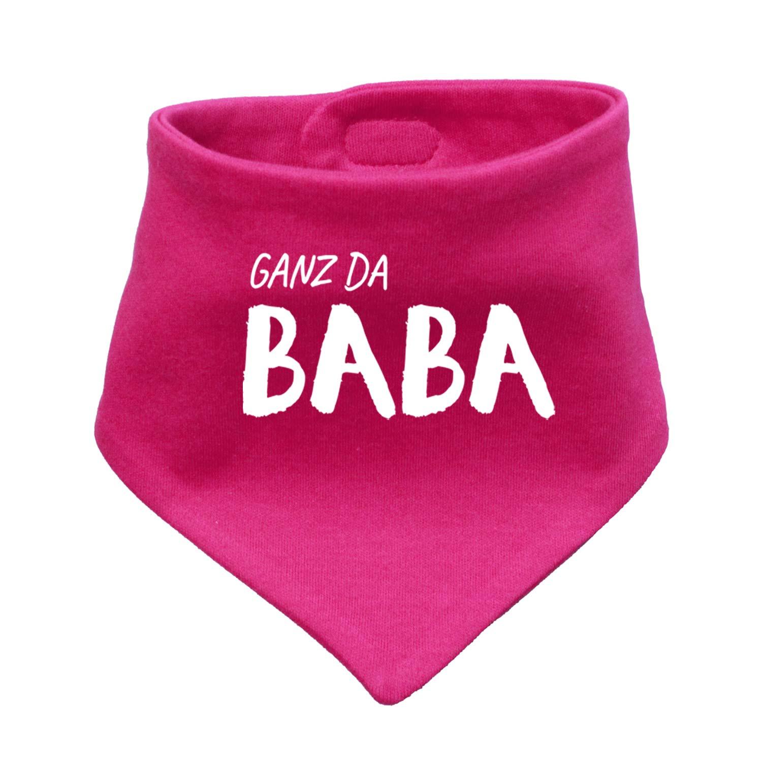 Hellgraues Babyhalstuch in Dreiecksform mit weißem Aufdruck „Ganz da Baba!“ auf weicher Baumwolle, ca. 38 × 15 cm.