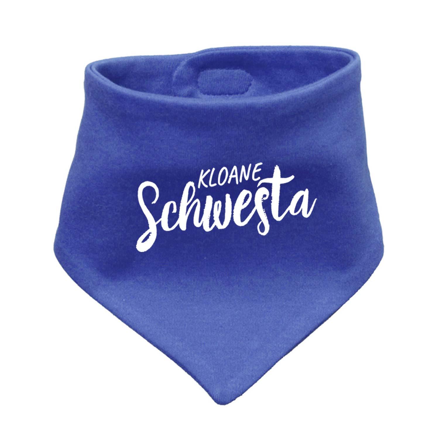 Blaues Babyhalstuch Kloane Schwesta mit weißem Schriftzug, weicher Baumwollstoff für Babys.