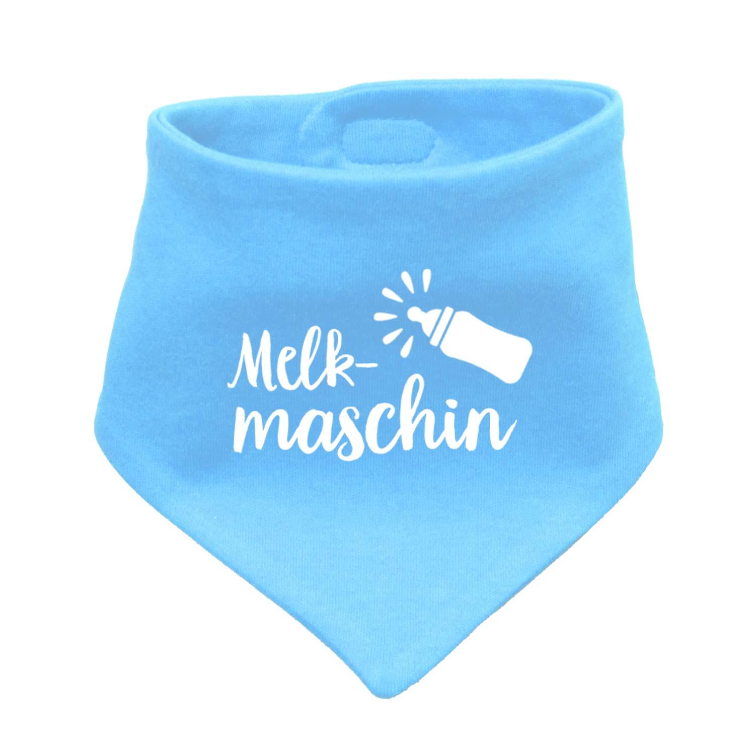 Dreieckiges Babyhalstuch mit aufgedrucktem Schriftzug „Melkmaschin“ in Weiß auf unifarbener Fläche, 38 x 15 cm.