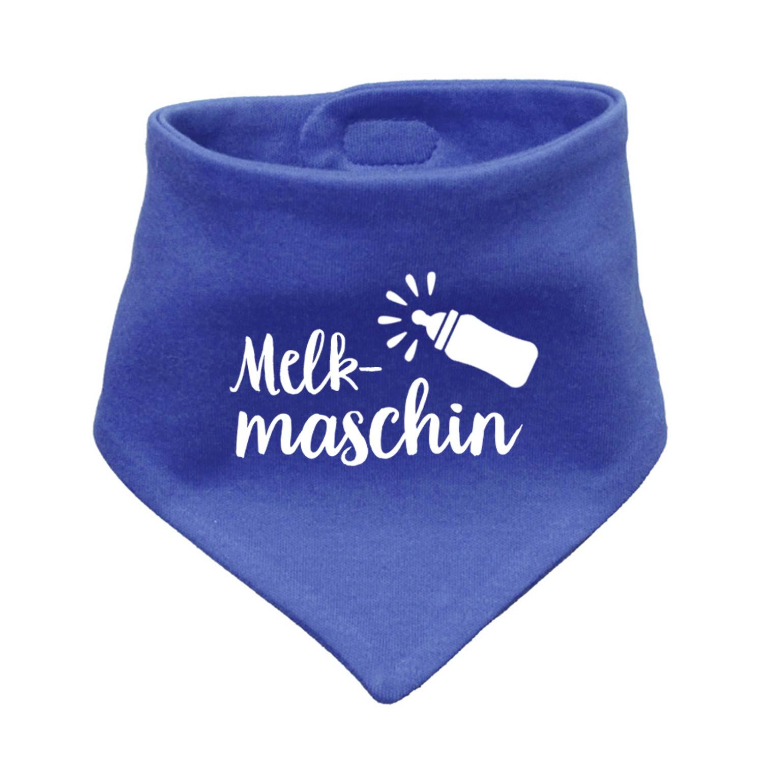 Baby-Dreieckstuch mit sichtbarem „Melkmaschin“-Schriftzug, Druckknopf-Verschluss, Maße ca. 38 × 15 cm.