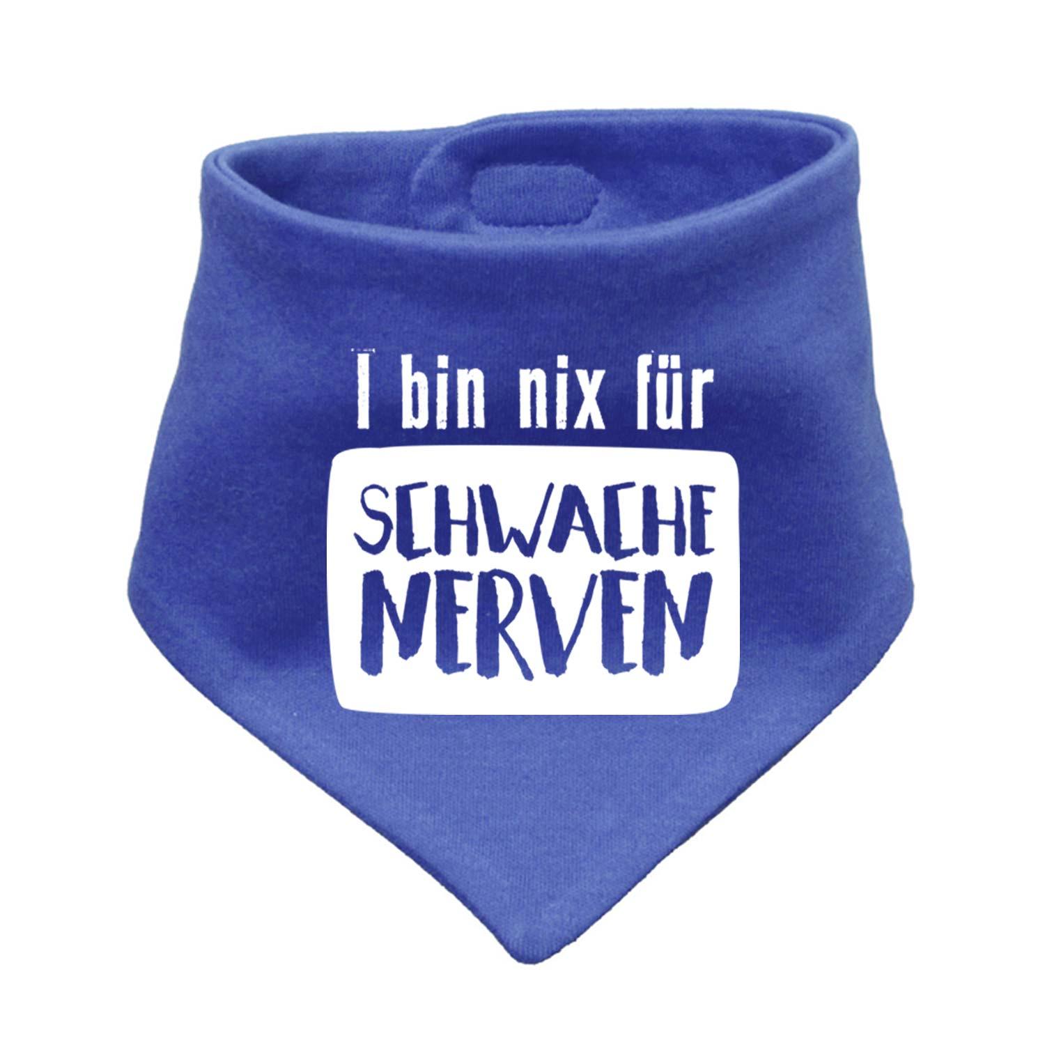 Blaues Babyhalstuch "nix für schwache Nerven" mit weißem Spruch, dreieckige Form mit Druckknopf.