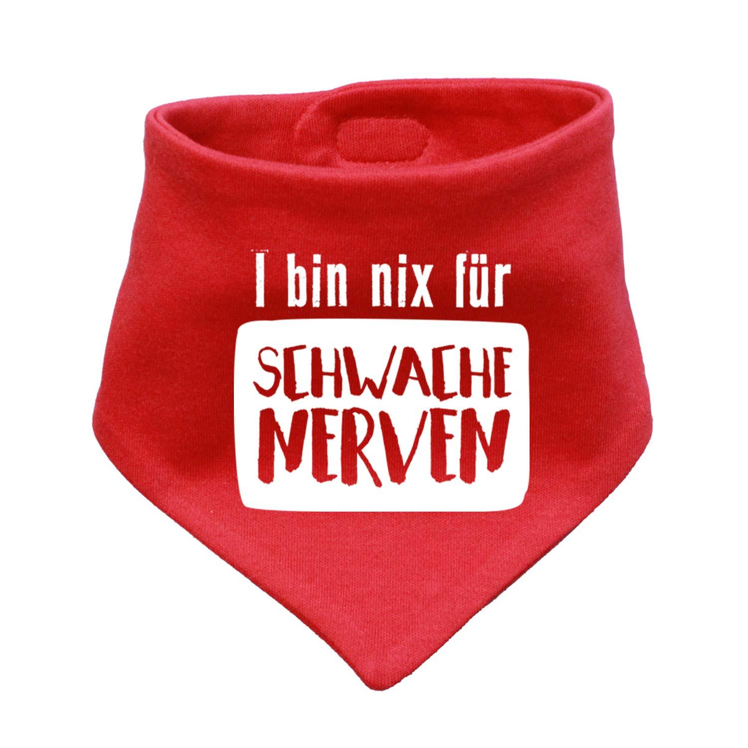 Rotes Babyhalstuch "nix für schwache Nerven" mit witzigem weißem Schriftzug, Dreieckstuch für Babys