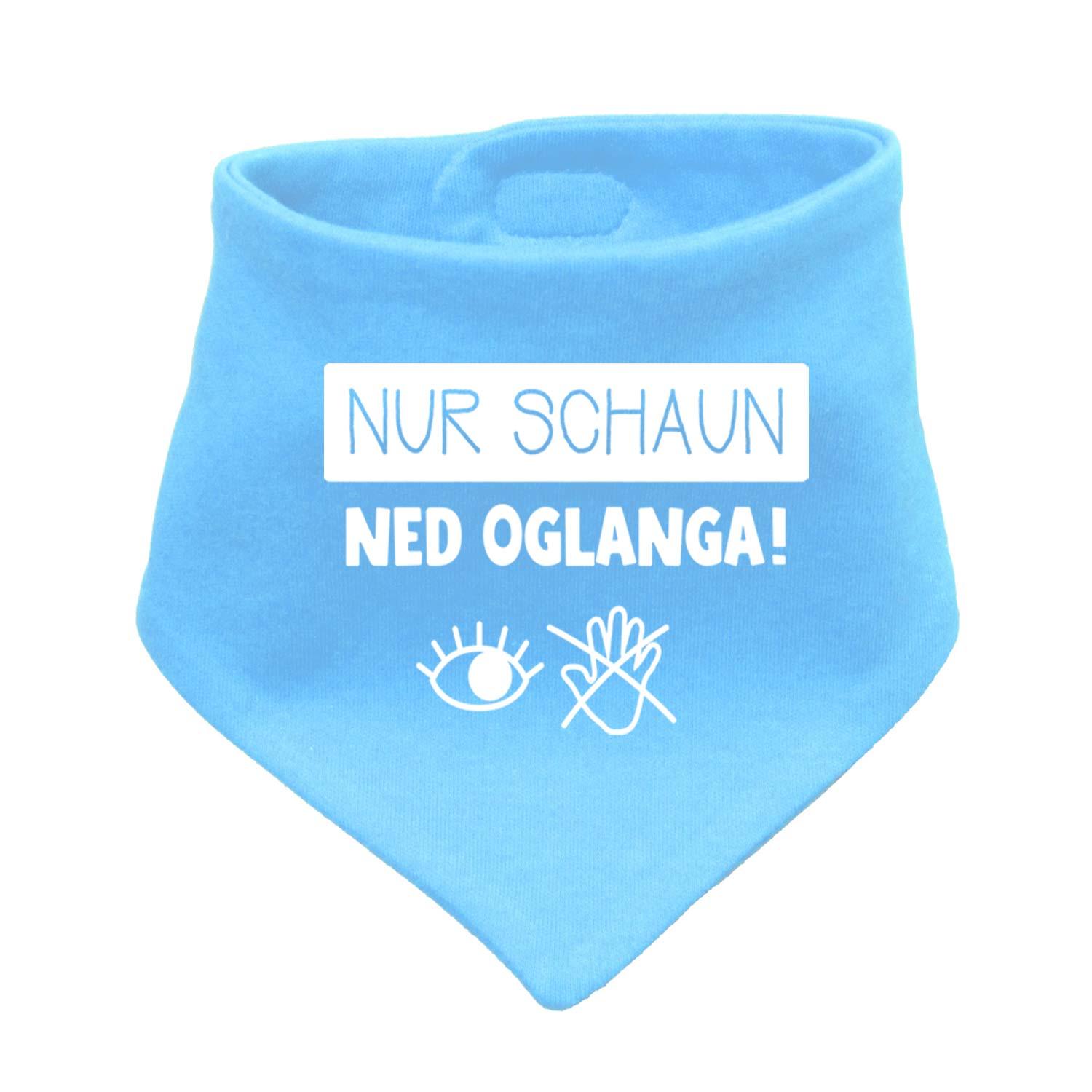 Dreieckiges Babyhalstuch in Hellgrau mit weißem Schriftzug „Nur schaun…“, weiches Textil, ca. 38 x 15 cm.