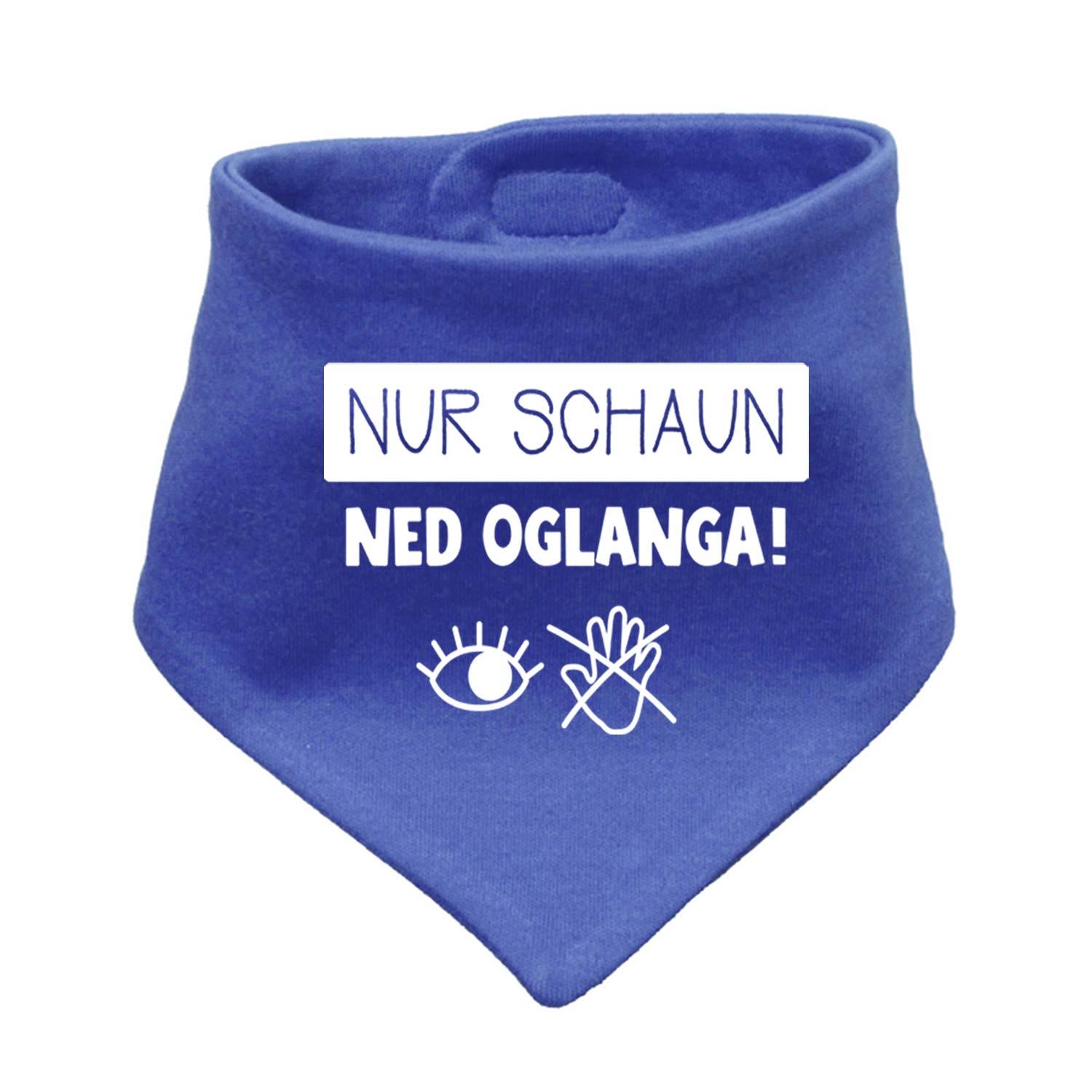 Dreieckiges Babyhalstuch in Rot mit weißem Herzmuster und Aufschrift „Nur schaun…“, aus weichem Baumwollstoff.
