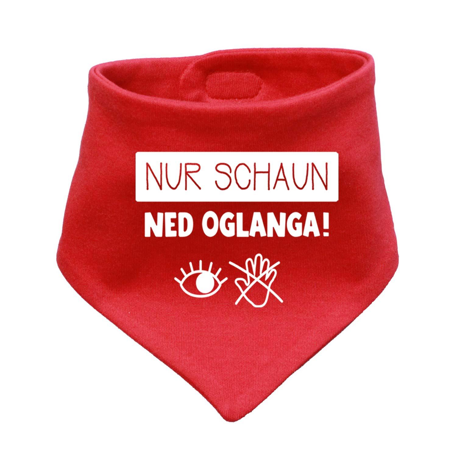 Dreieckiges Babyhalstuch in Beige mit Schriftzug „Nur schaun...“, weiche Stoffstruktur, ca. 38 x 15 cm.