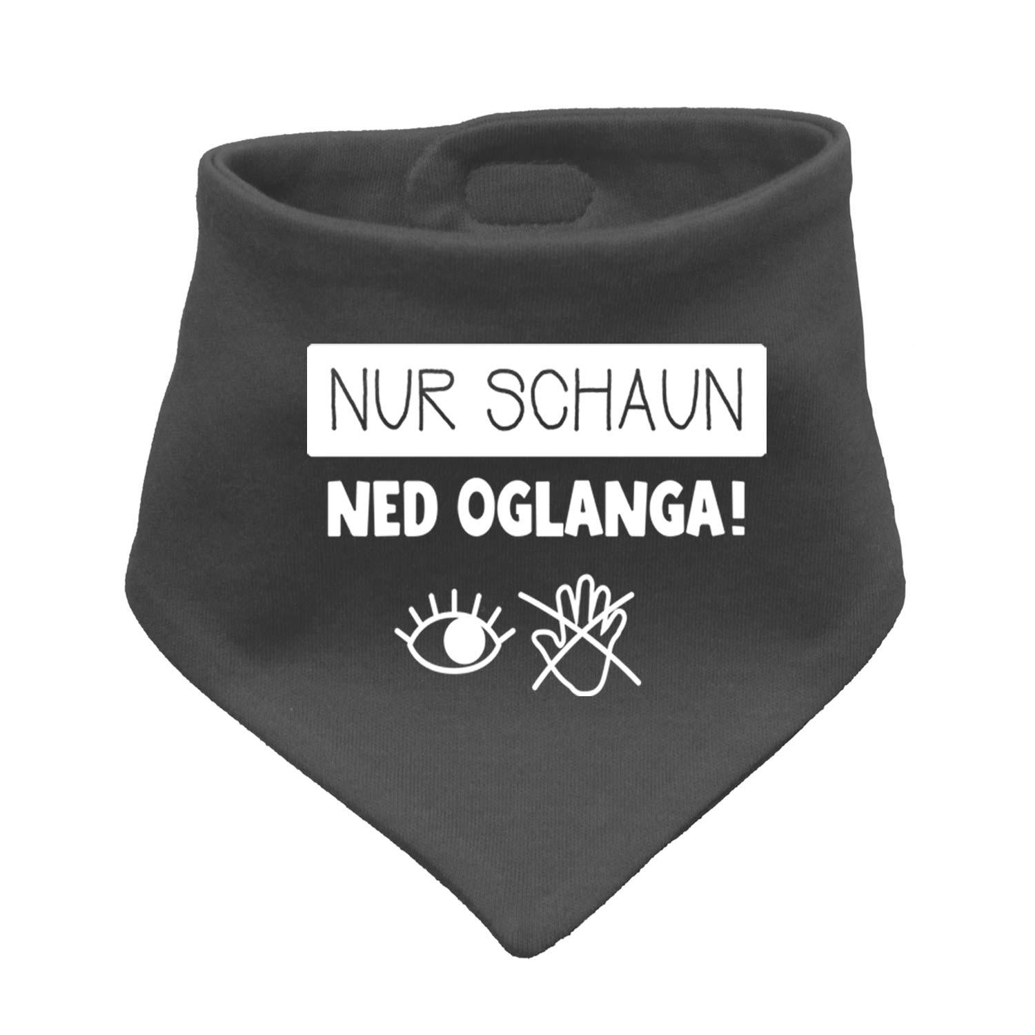 Babyhalstuch in Dreiecksform mit Schriftzug „Nur schaun...“, hellblau mit weißem Muster, aus Baumwolle.
