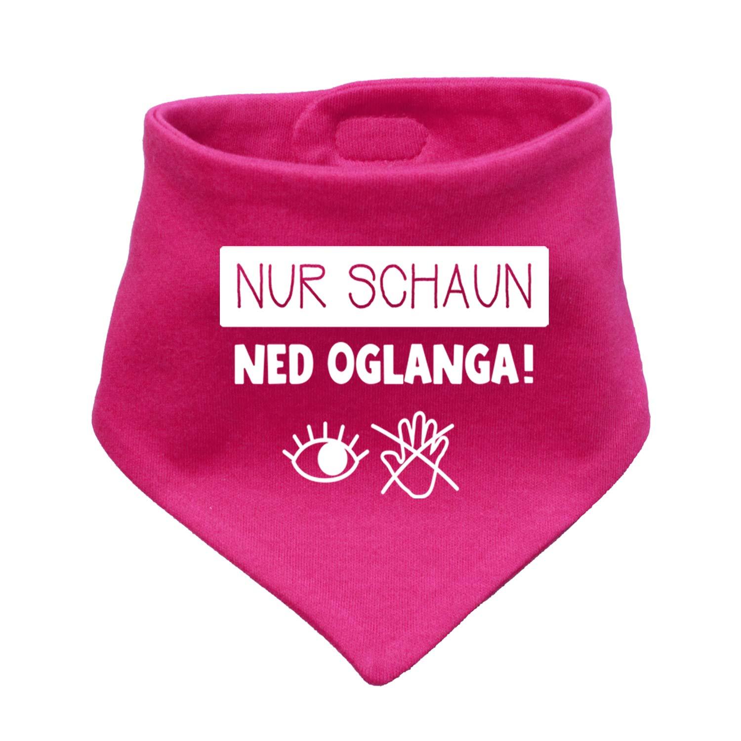Dreieckiges Babyhalstuch in Hellblau mit weißem Schriftzug „Nur schaun...“, weiches Baumwollmaterial.