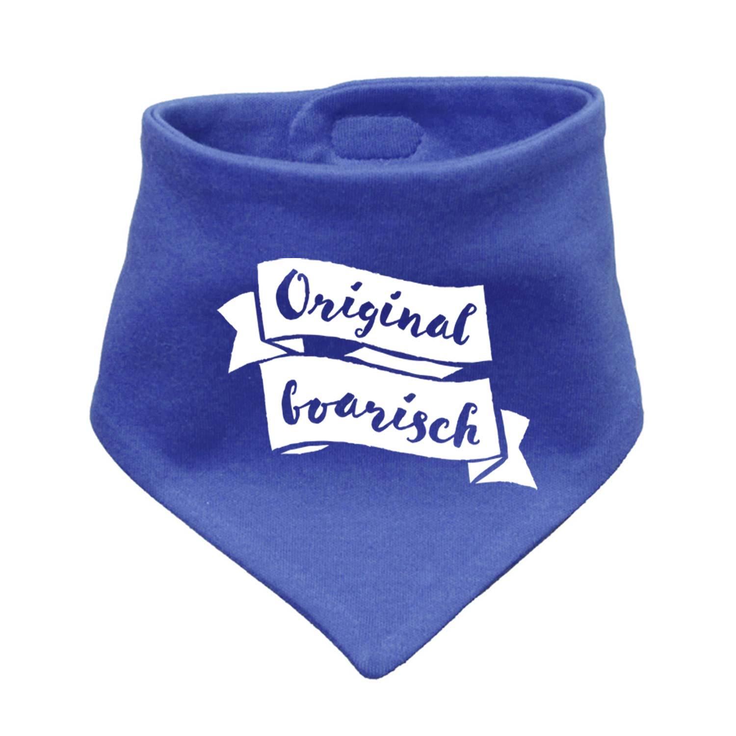 Dreieckiges Babyhalstuch in Blau mit weißem Rauten-Muster und Schriftzug „Original boarisch“ mittig aufgedruckt.