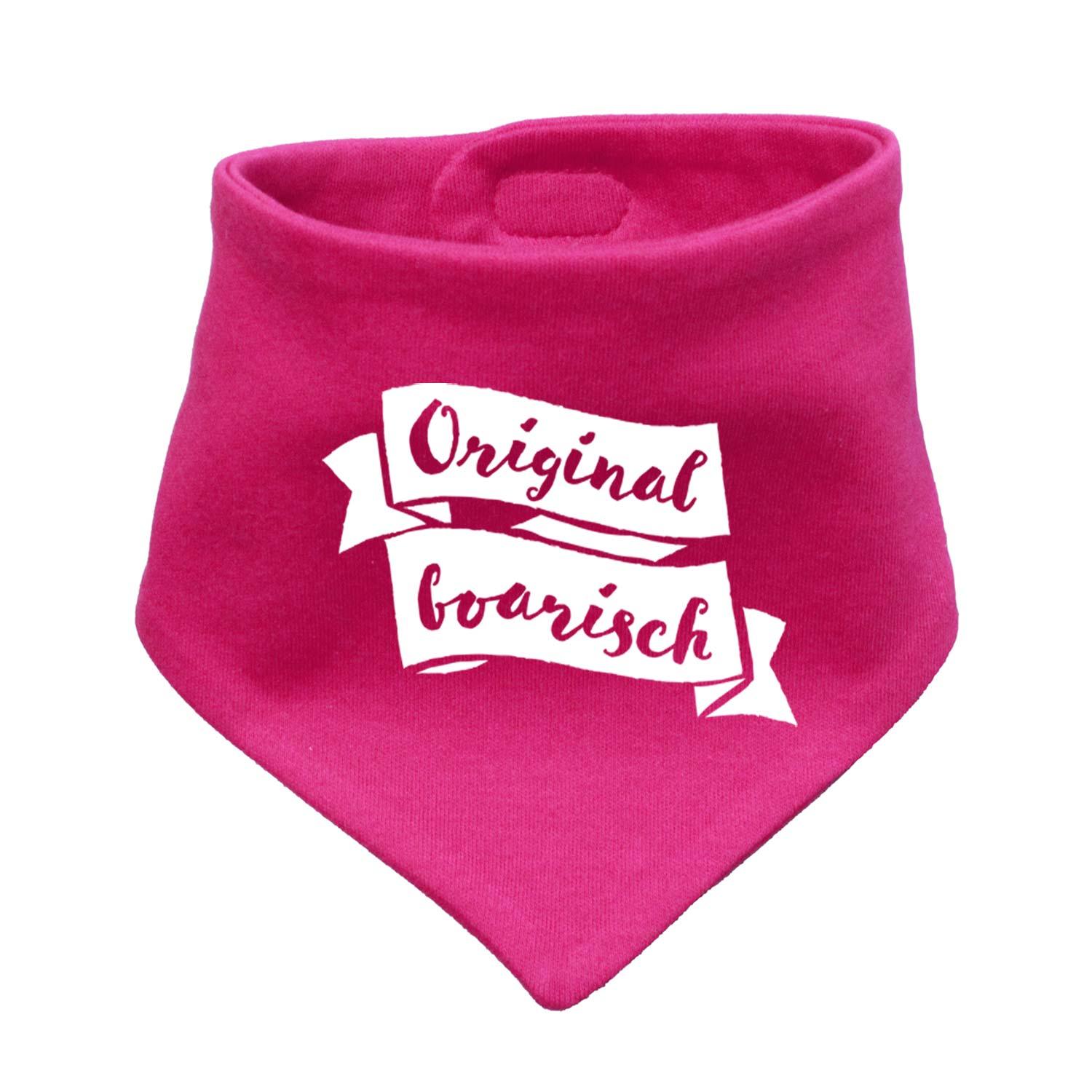 Dreieckiges Babyhalstuch in Dunkelblau mit weißem Schriftzug „Original boarisch“, glatte Stoffstruktur.