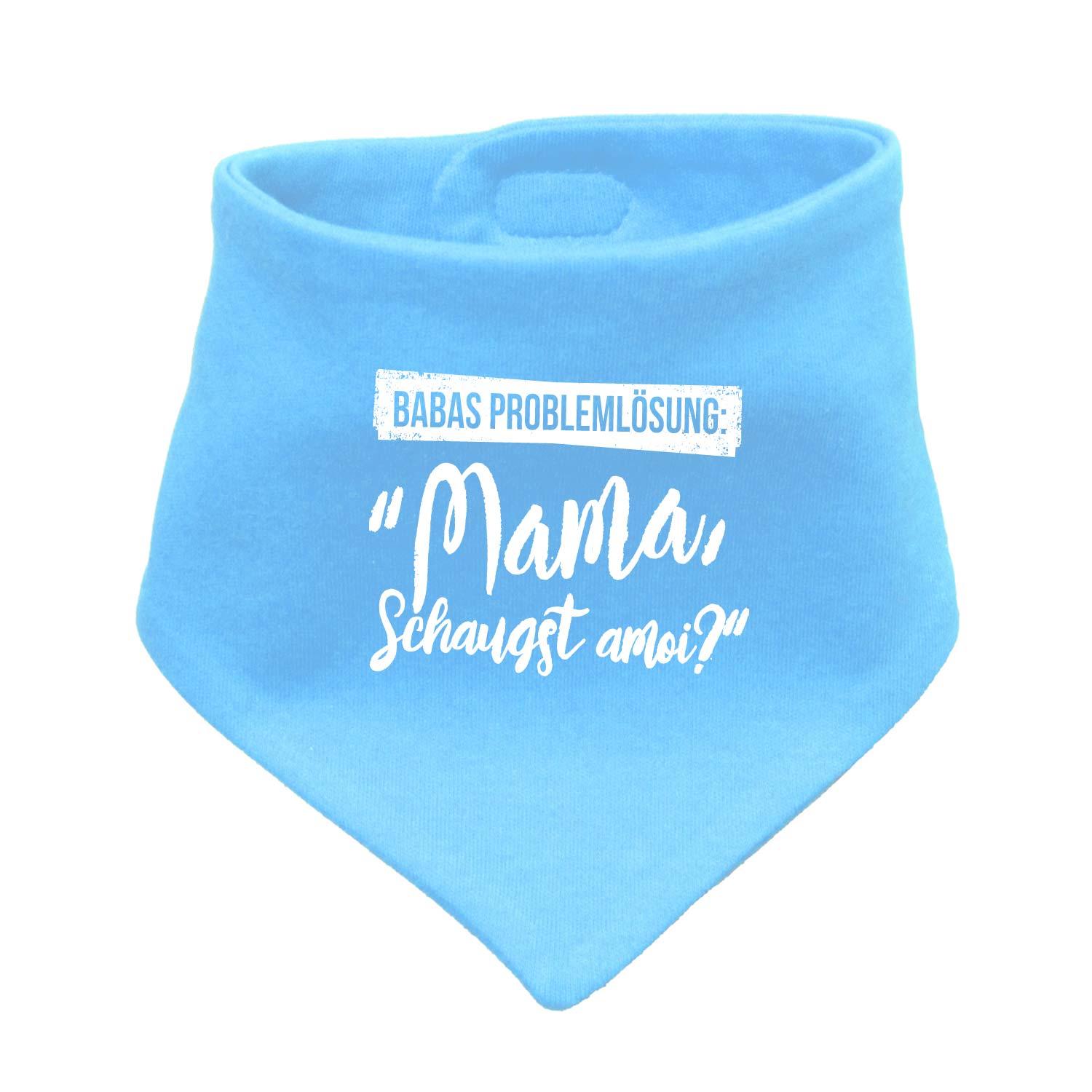 Hellblaues Babyhalstuch "Papas Problemlösung..." mit weißem Spruch für Jungen und Mädchen, weicher Baumwollstoff.