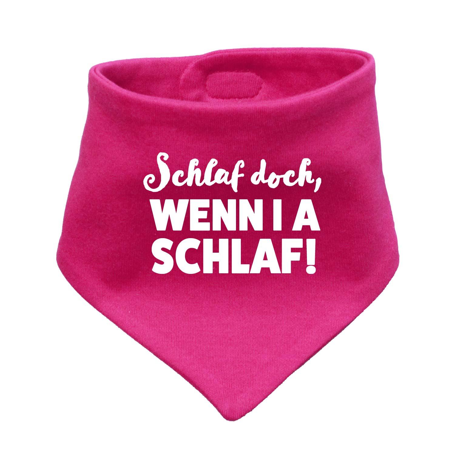 Dreieckiges Babyhalstuch in Blautönen mit aufgedrucktem Schriftzug „Schlaf, wenn i a schlaf!“, weiße Schrift, Baumwolle.