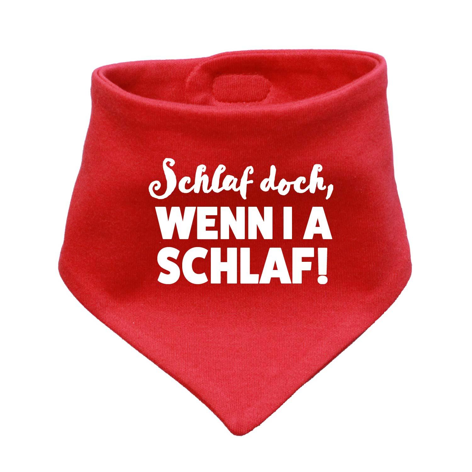 Babyhalstuch in Dreiecksform mit weißem Schriftzug "Schlaf, wenn i a schlaf!" auf grauem Stoff aus Baumwolle.