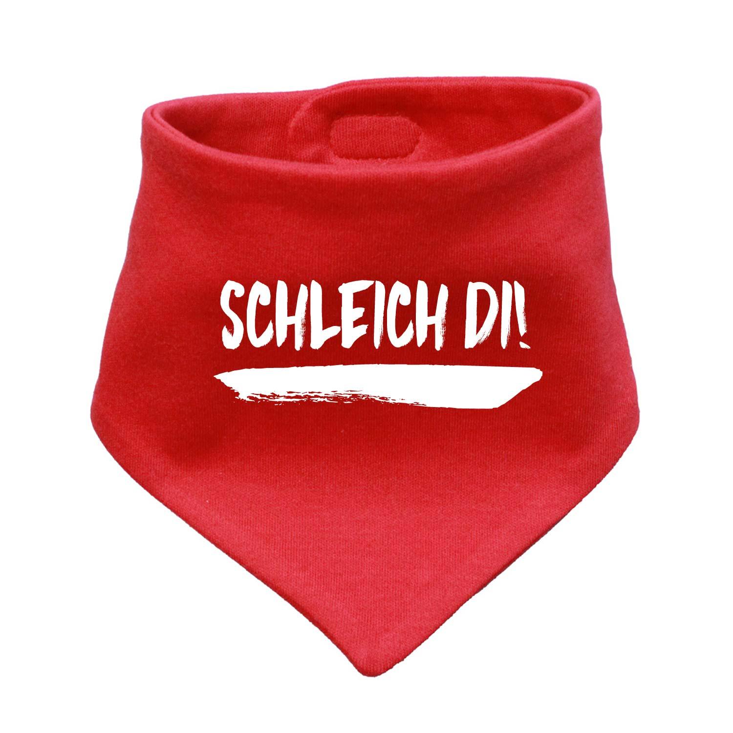 Dreieckiges Babyhalstuch in Hellblau mit weißem Herzchenmuster und rotem Schriftzug „Schleich di!“, Baumwolle.