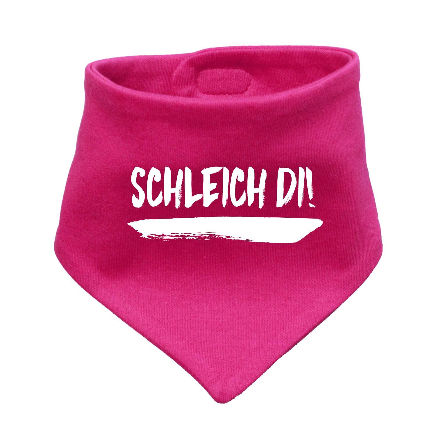 Babyhalstuch in Dreiecksform mit weißem Schriftzug „Schleich di!“ auf grauem Stoff, Druckknöpfe, aus Baumwolle.