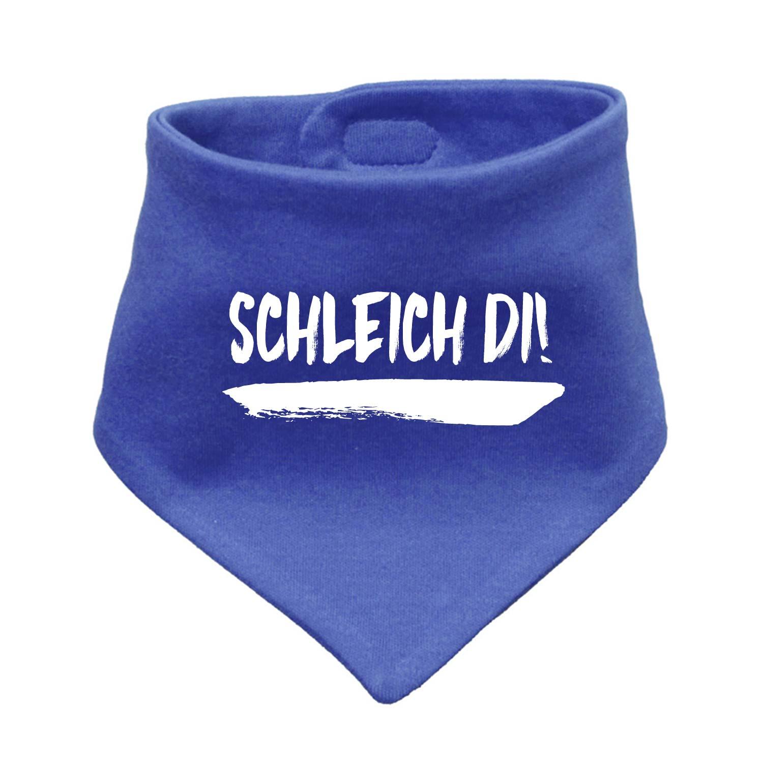 Dreieckiges Babyhalstuch in Beige mit weißem Hirsch-Motiv und Schriftzug „Schleich di!“ in Weiß, weicher Stoff.