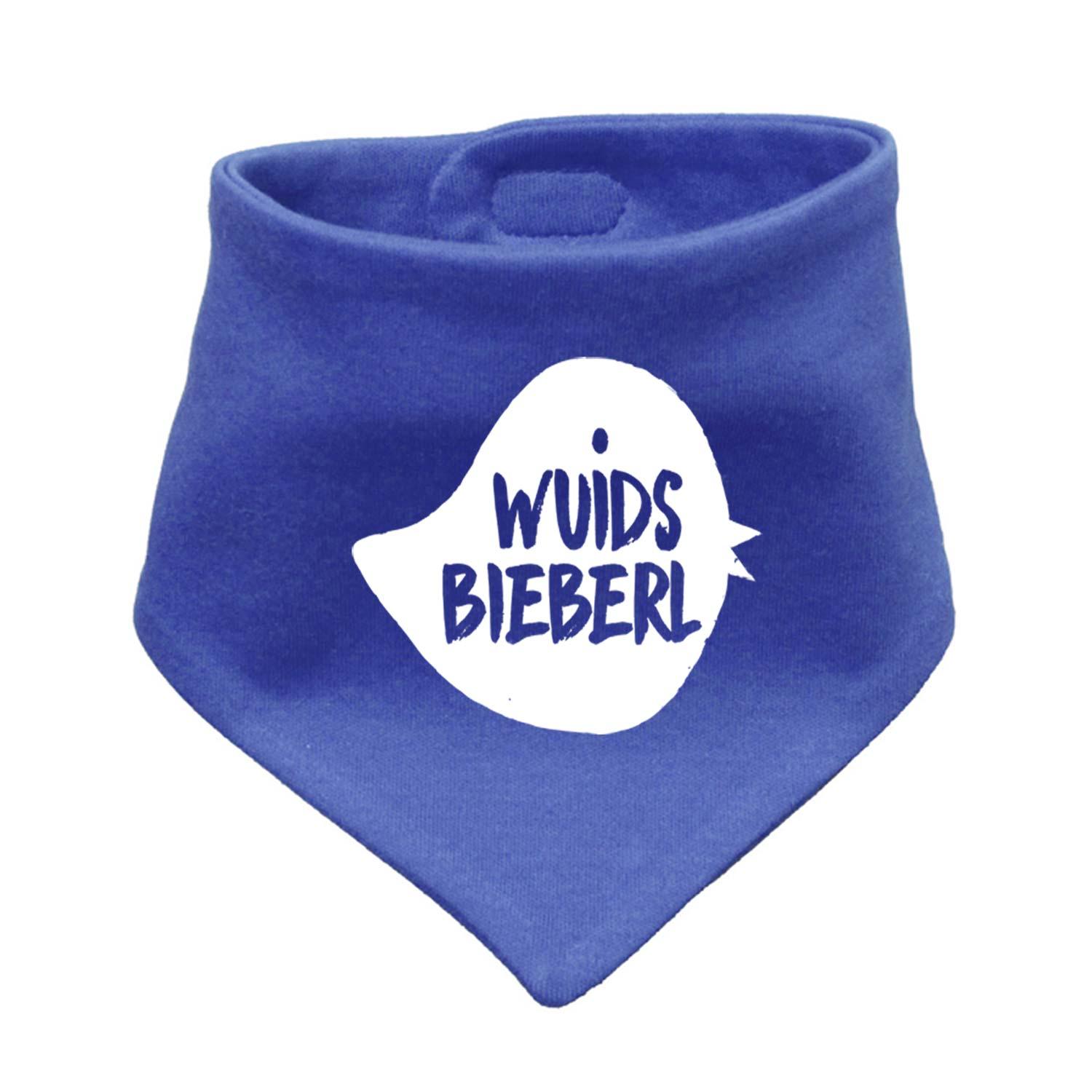 Babyhalstuch in Dreiecksform mit beigem Grundton, braunem Biber-Motiv und Aufschrift „wuids bieberl“, aus Baumwolle.
