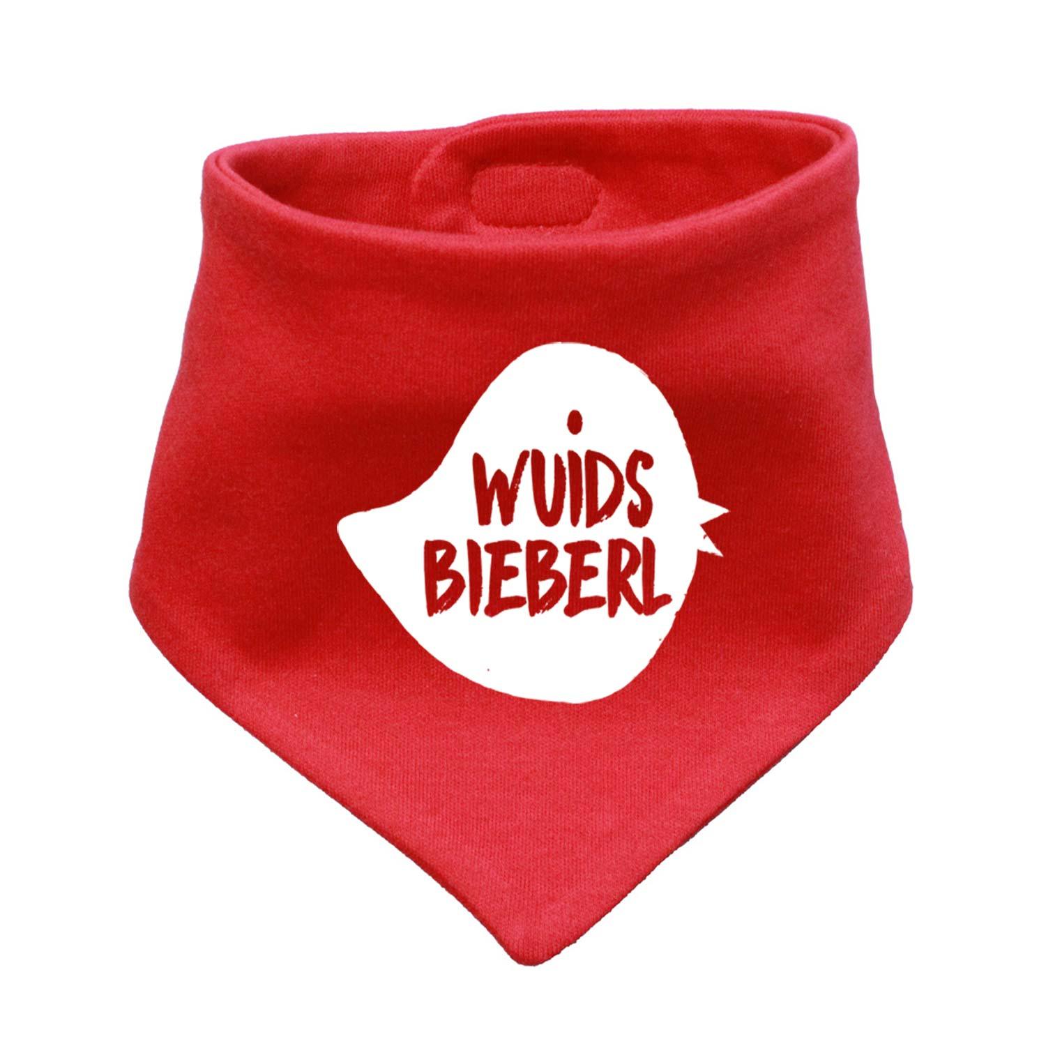 Dreieckiges Babyhalstuch in Rosa mit Motiv eines braunen Bibers und weißem Schriftzug „Wuids Bieberl“, aus Baumwolle.