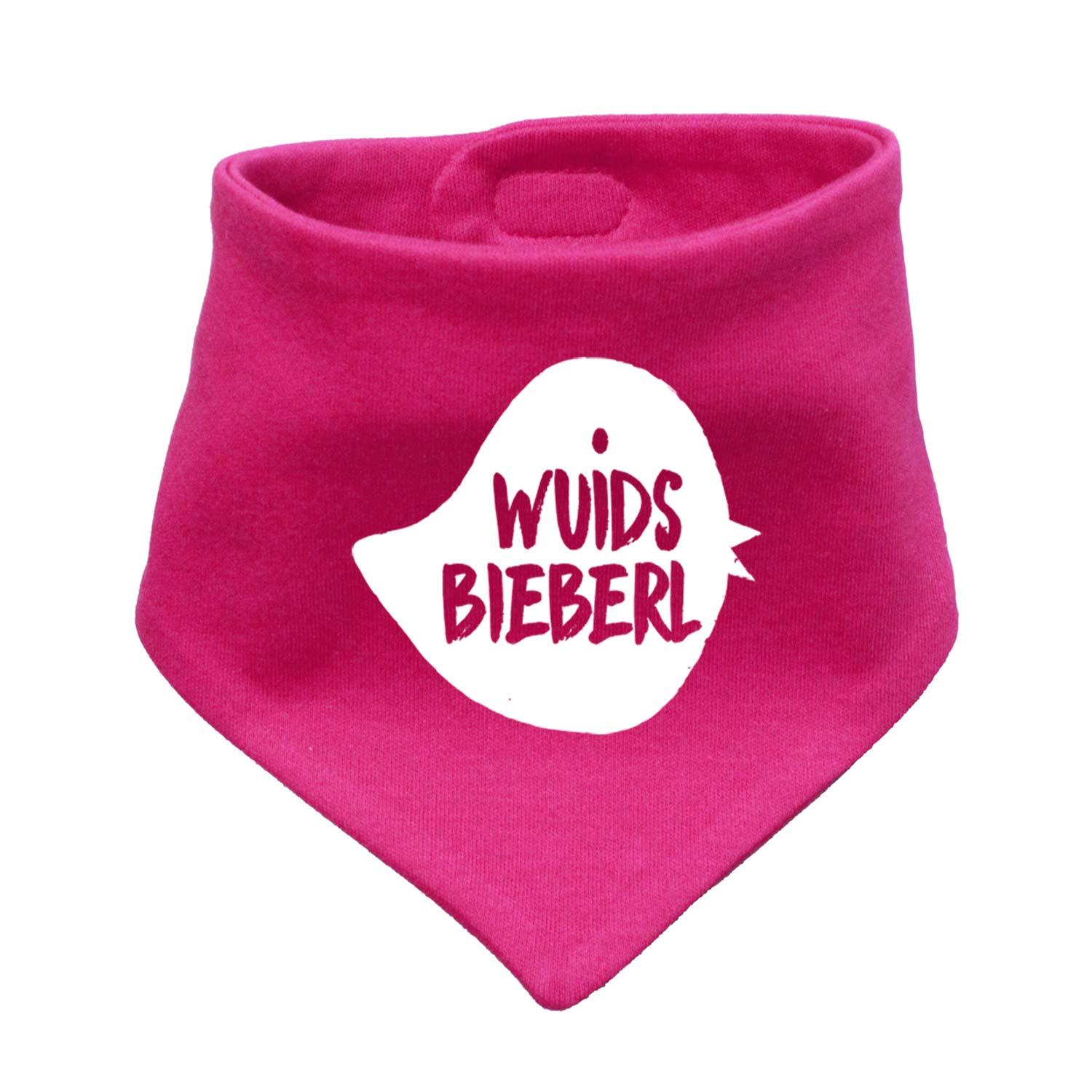 Dreieckiges Babyhalstuch in Beige mit braunem Schriftzug „Wuids Bieberl“ und Druckknopfverschluss, Baumwolle.