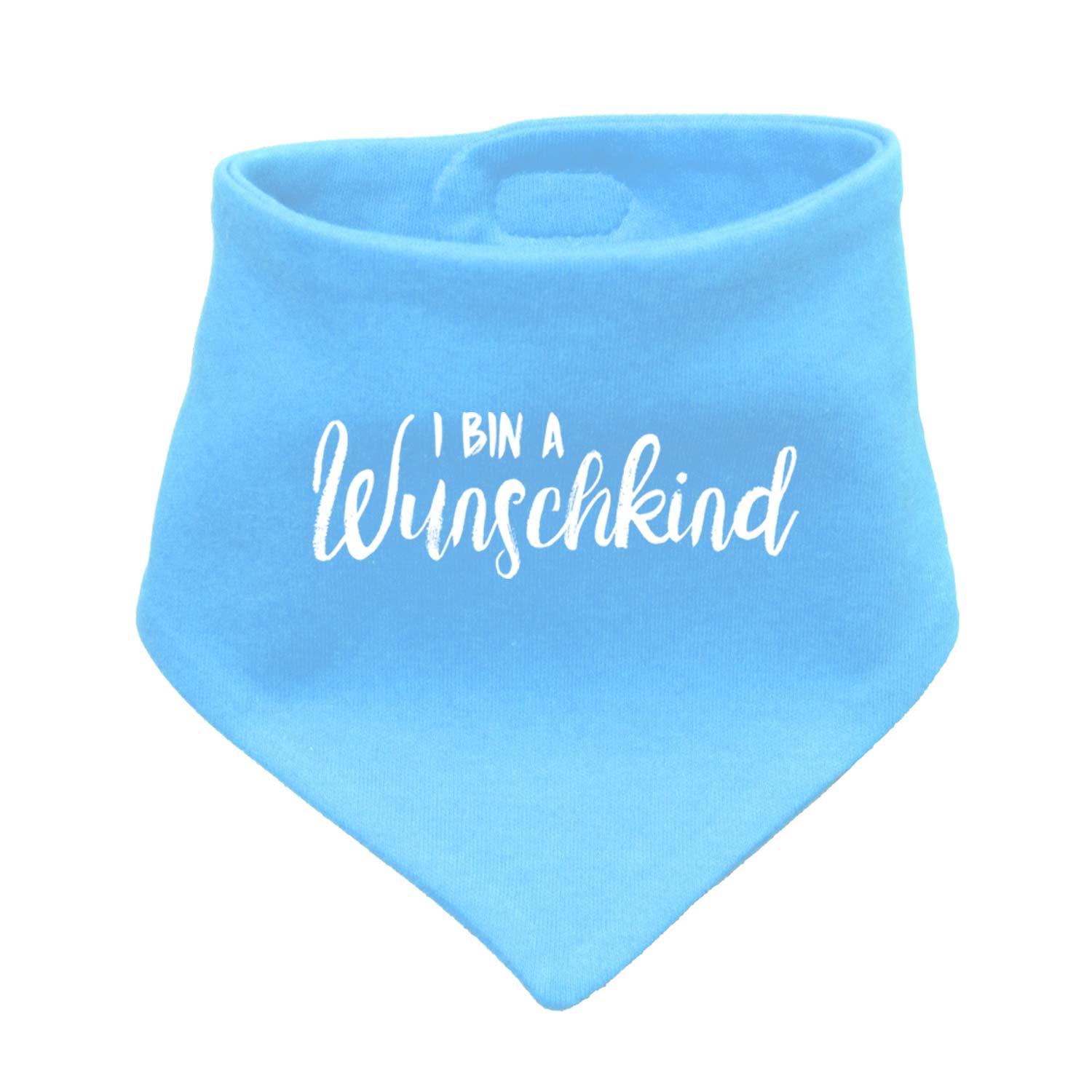Babyhalstuch Wunschkind in hellem Blau mit weißem Schriftzug "I bin a Wunschkind", weicher Baumwollstoff.