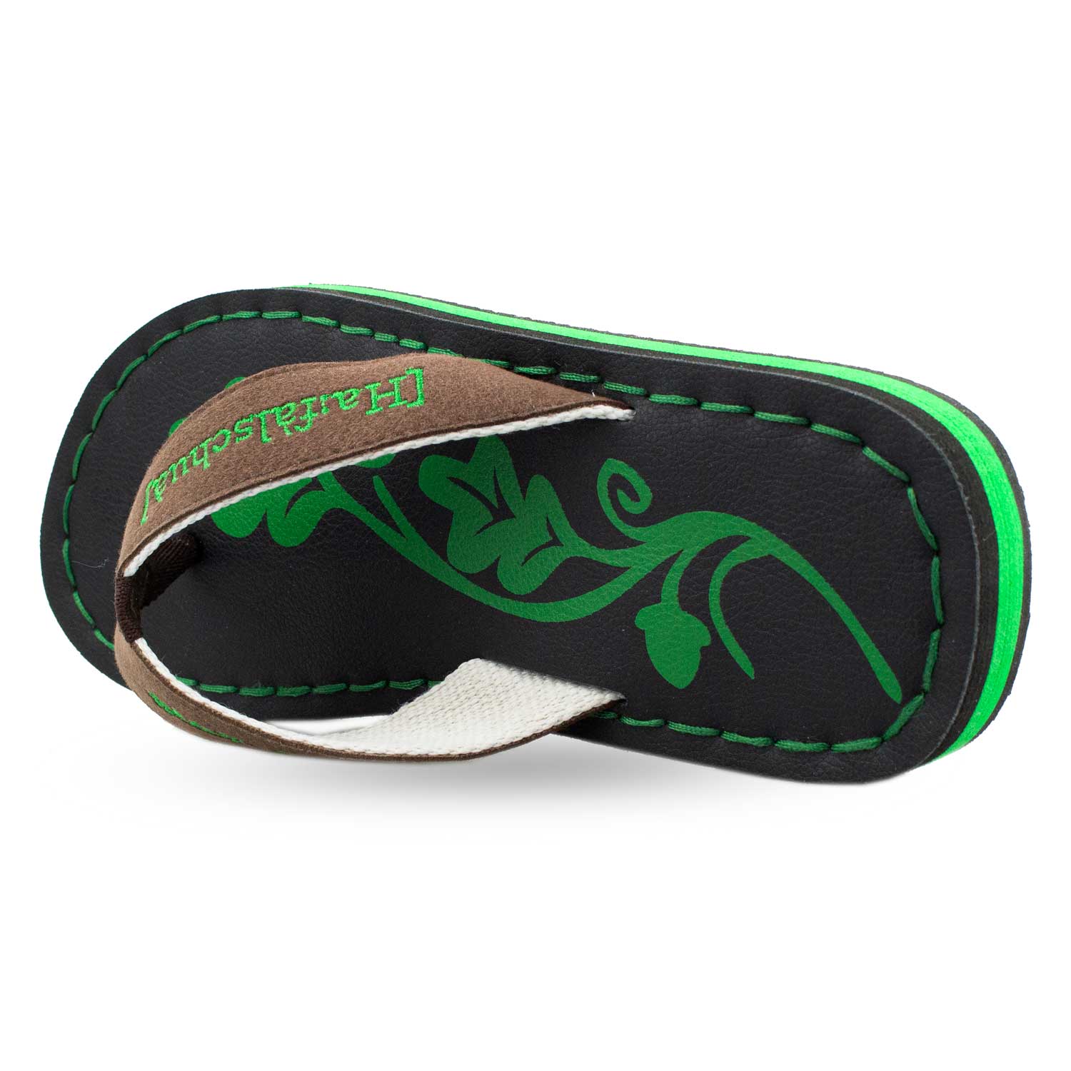Badesandale Haferlschuh mit braunem Riemen, schwarzer Sohle, grünen Ziernähten und floralem Muster