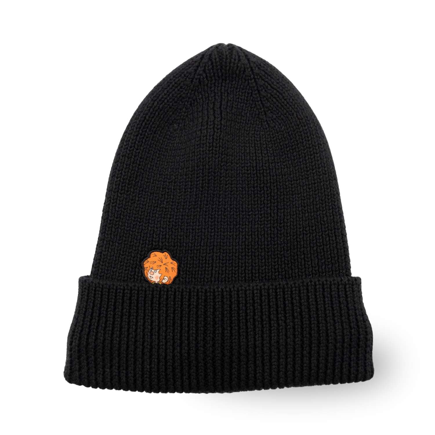 Schwarze ®Pumuckl Beanie aus Baumwolle mit gesticktem Pumuckl-Kopf-Emblem auf dem Umschlag.
