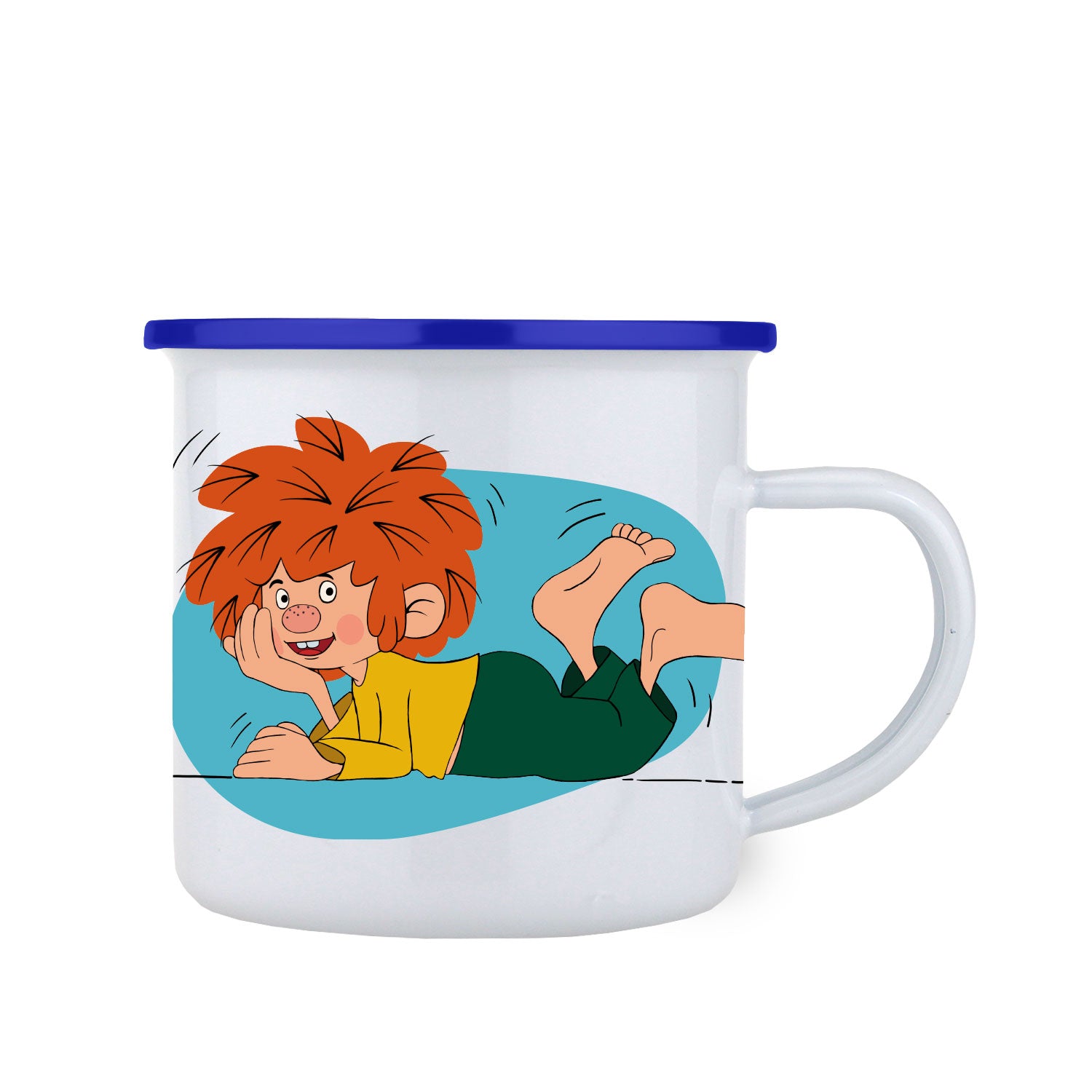 Weiße Emaille-Tasse mit blauem Rand und farbigem Pumuckl-Motiv sowie Schriftzug „Schaumamoi“, ca. 350 ml.